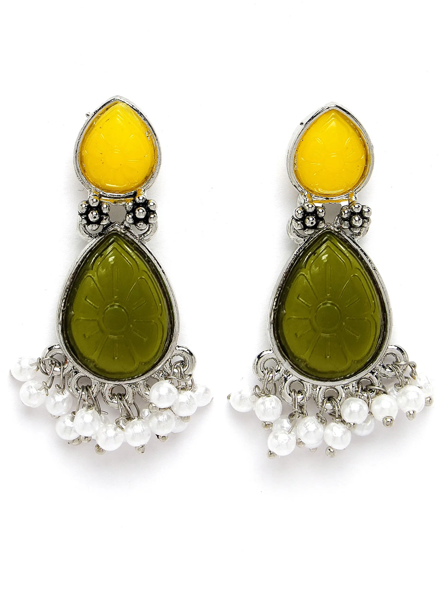 Karatcart Silver Tone Drop Shape Olive Green and Yellow Carved Stone Studded Drop Earrings for Women