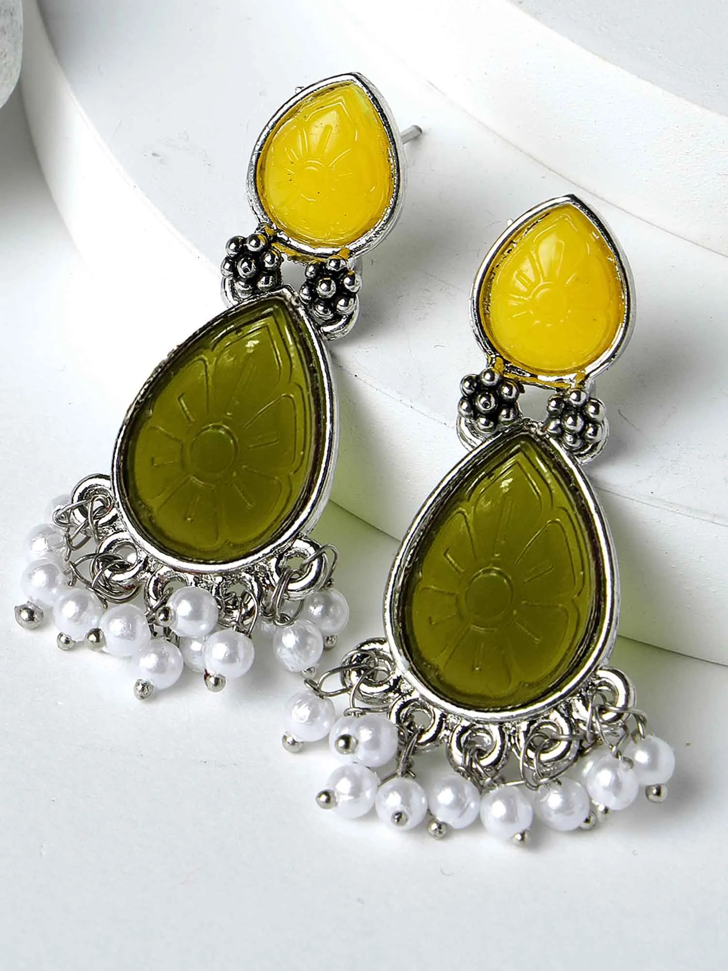 Karatcart Silver Tone Drop Shape Olive Green and Yellow Carved Stone Studded Drop Earrings for Women