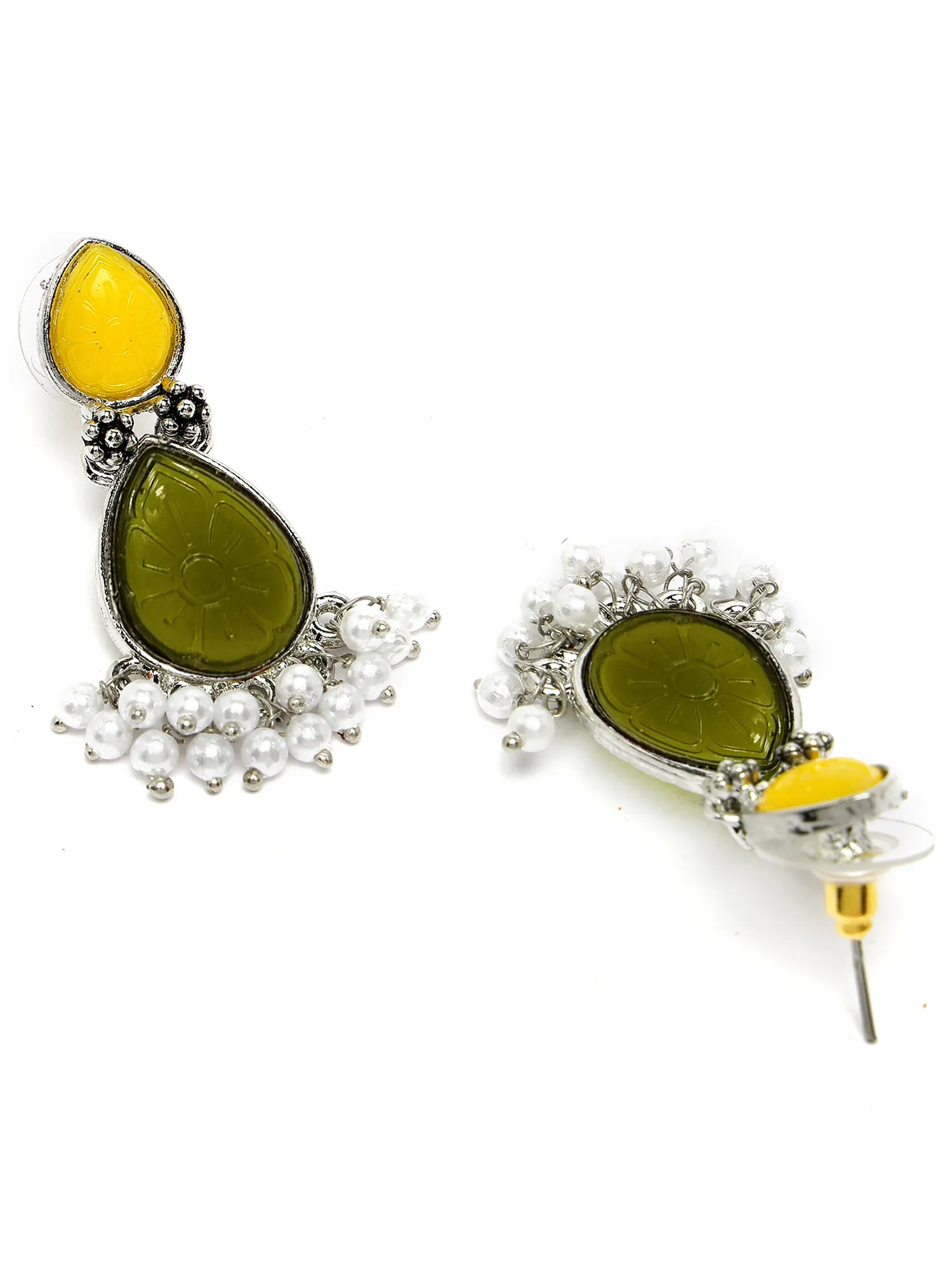 Karatcart Silver Tone Drop Shape Olive Green and Yellow Carved Stone Studded Drop Earrings for Women