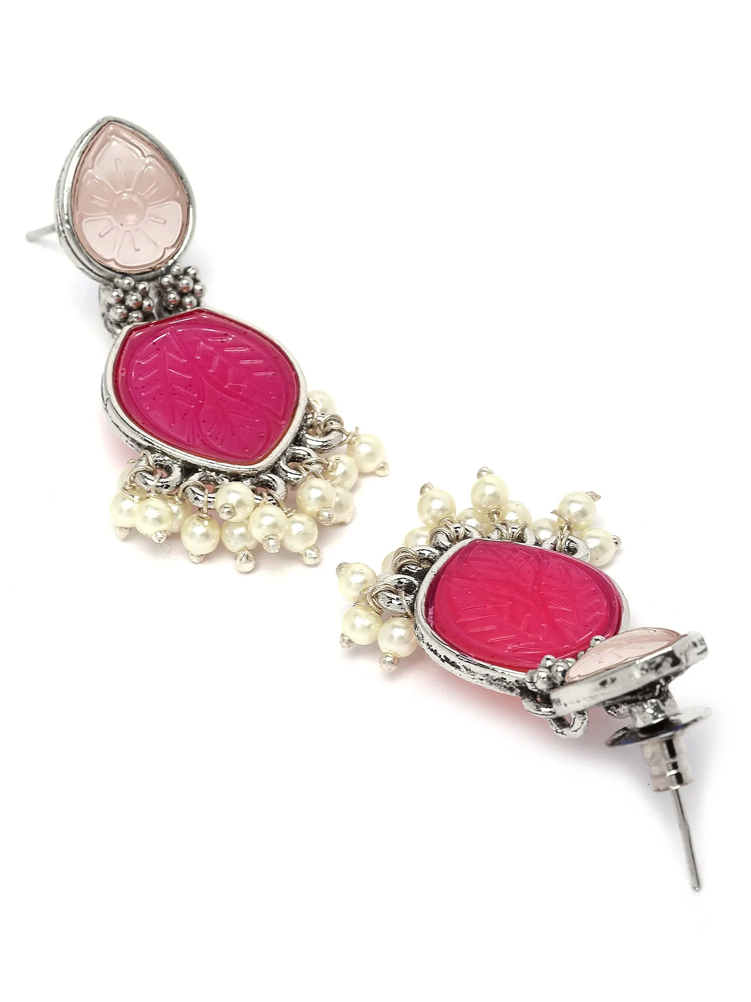 Karatcart Silver Tone Drop Shape Pink Carved Stone Studded Drop Earrings for Women