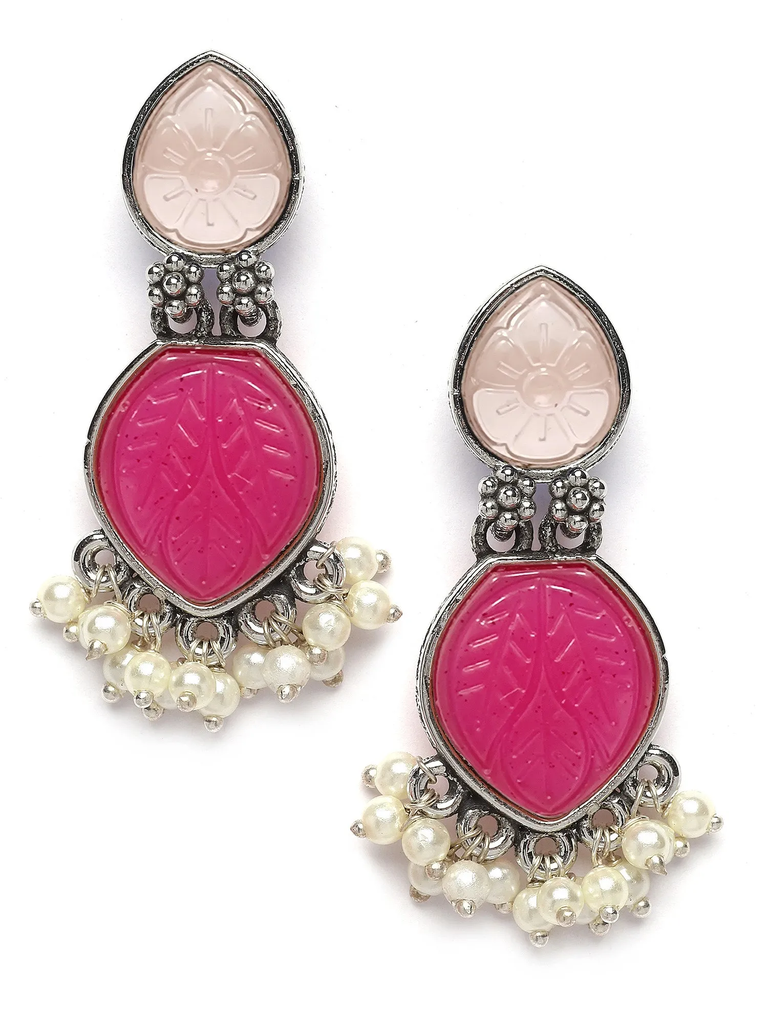 Karatcart Silver Tone Drop Shape Pink Carved Stone Studded Drop Earrings for Women