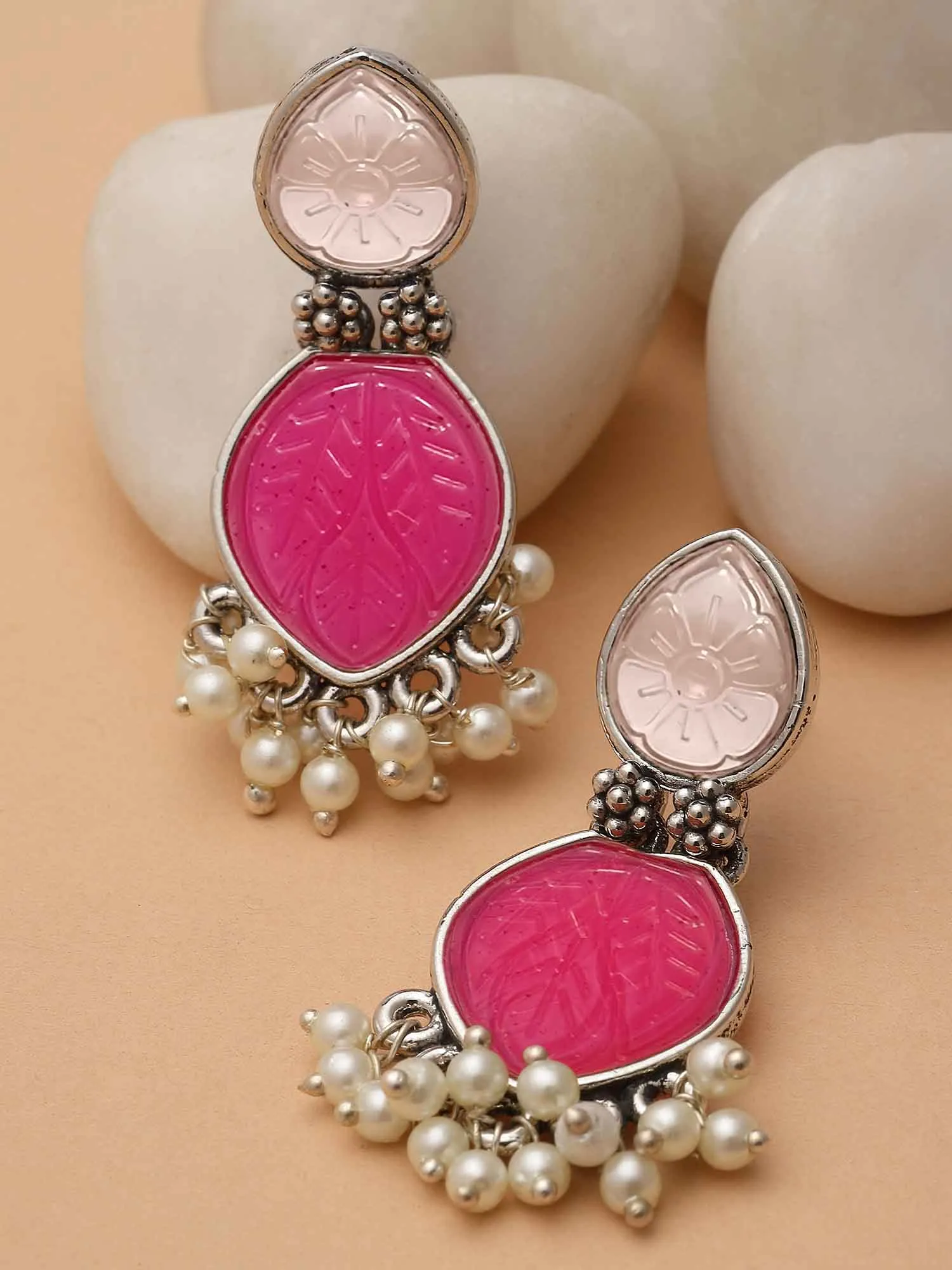 Karatcart Silver Tone Drop Shape Pink Carved Stone Studded Drop Earrings for Women