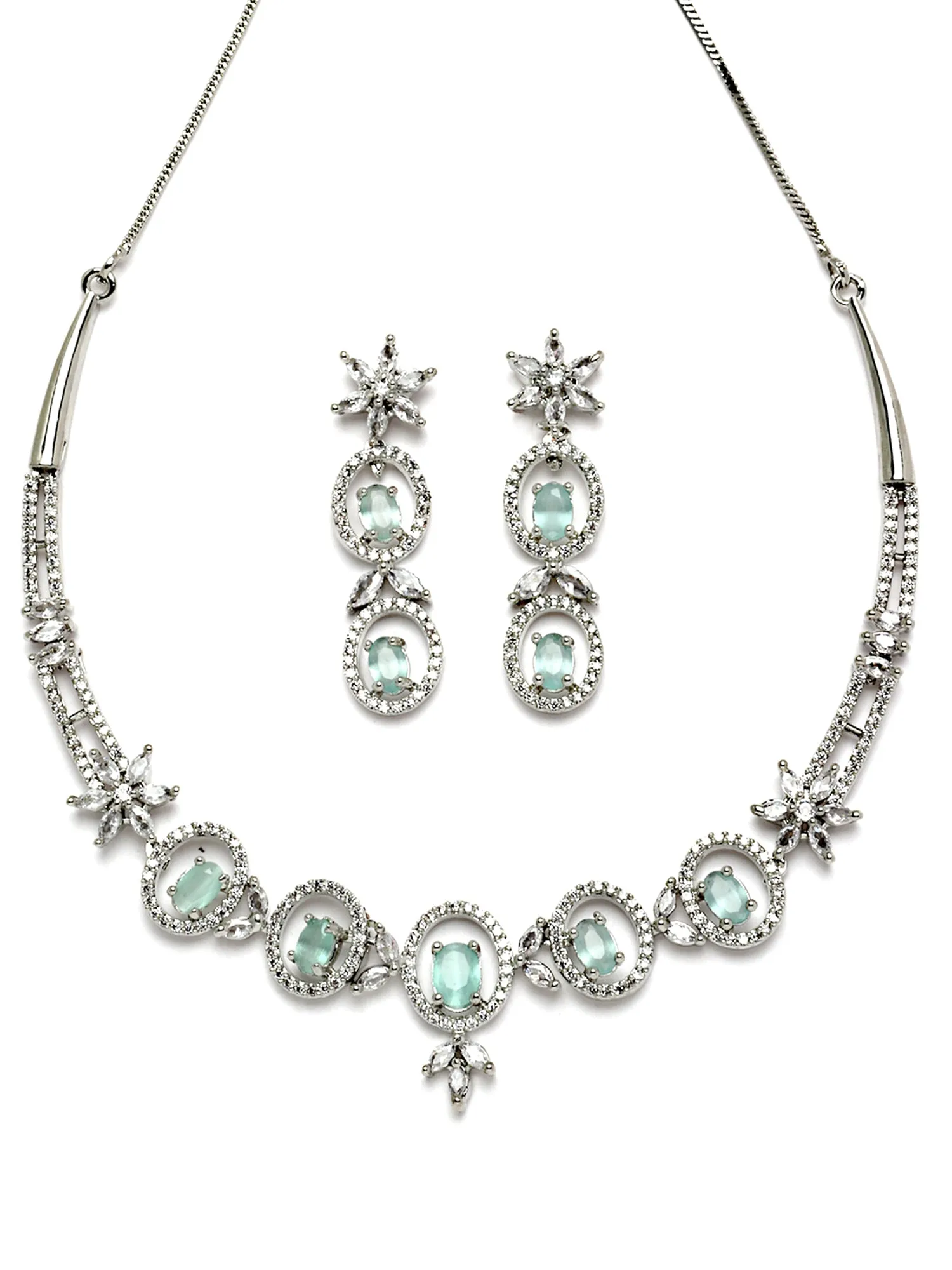 Karatcart Silver Tone Floral Design Light Green Cubic Zirconia Studded Necklace Set