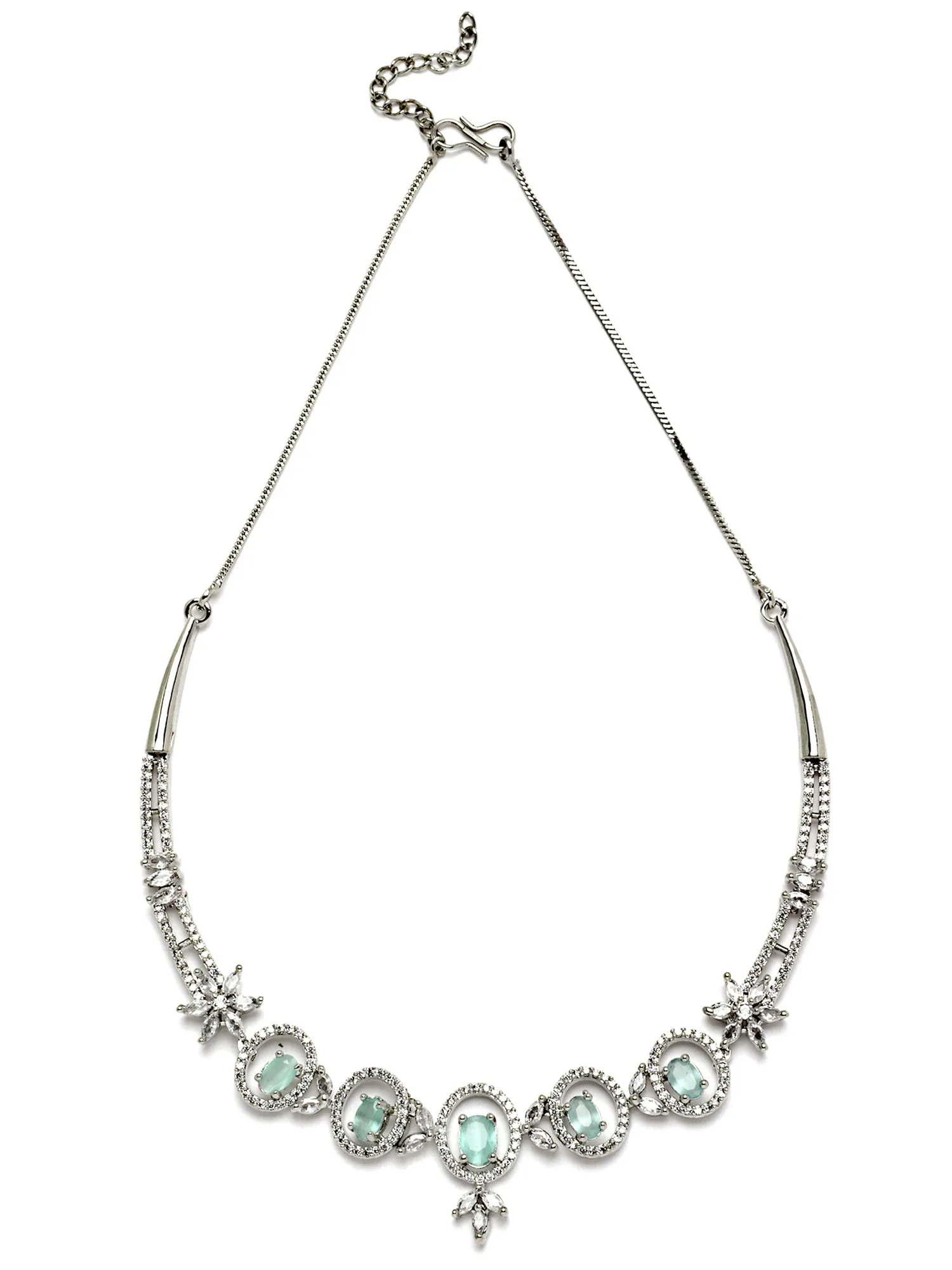 Karatcart Silver Tone Floral Design Light Green Cubic Zirconia Studded Necklace Set