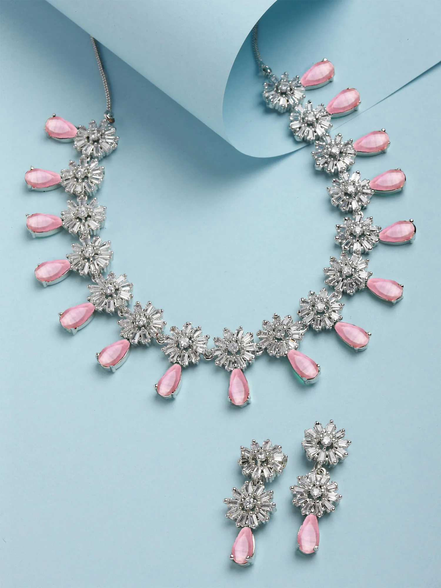 Karatcart Silver Tone Floral Design Pink Cubic Zirconia Studded Necklace Set for Women