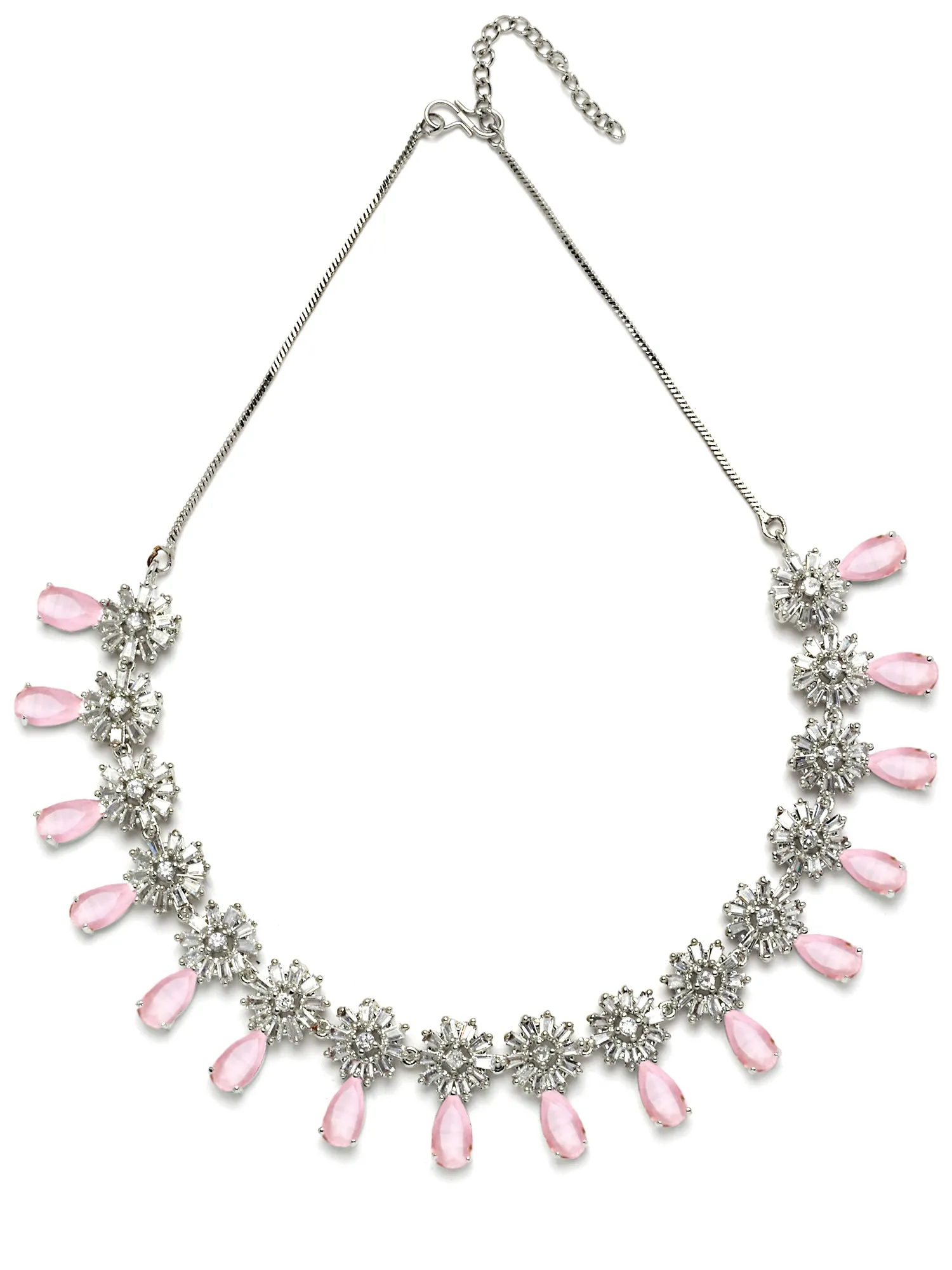 Karatcart Silver Tone Floral Design Pink Cubic Zirconia Studded Necklace Set for Women