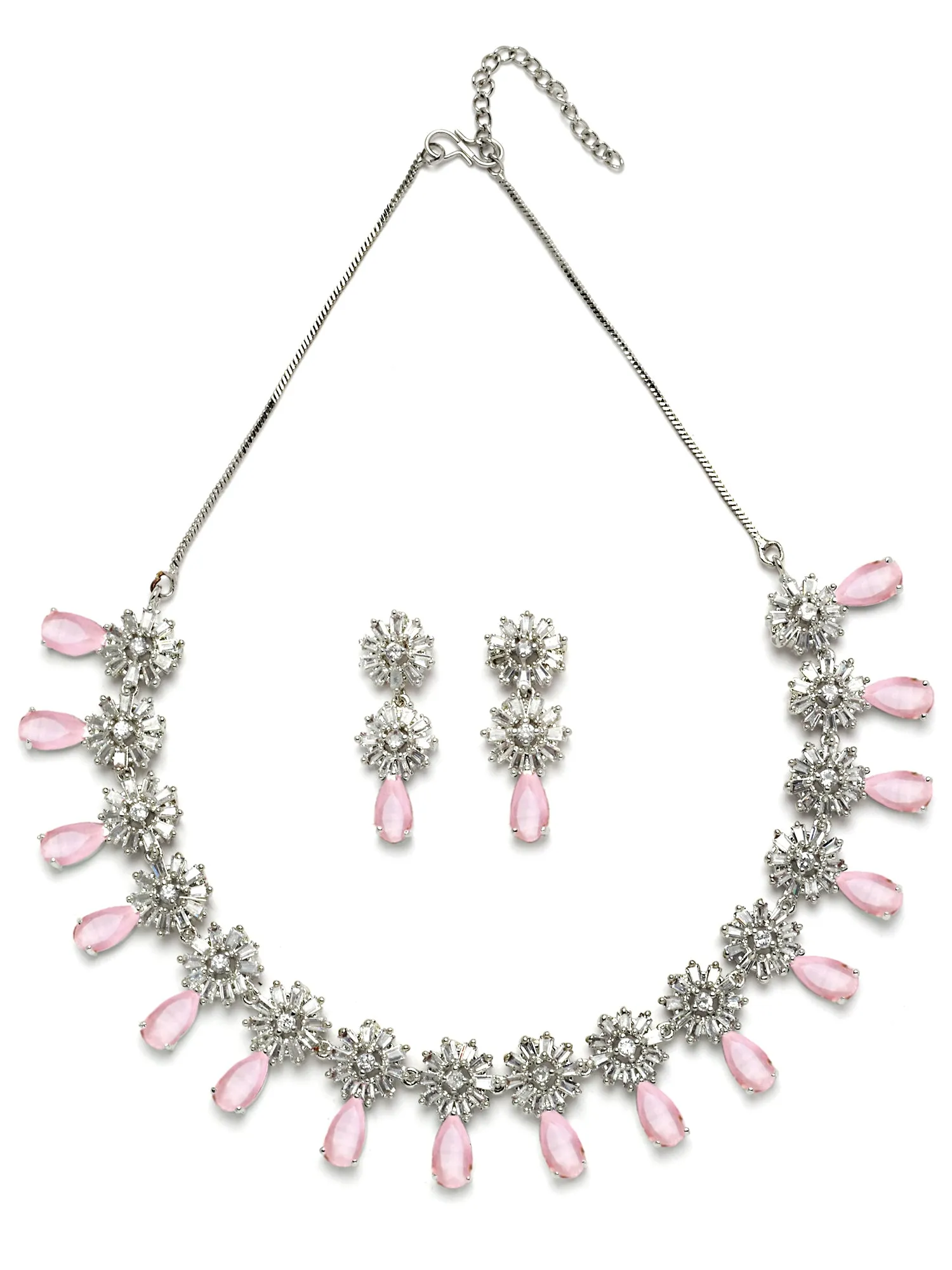 Karatcart Silver Tone Floral Design Pink Cubic Zirconia Studded Necklace Set for Women