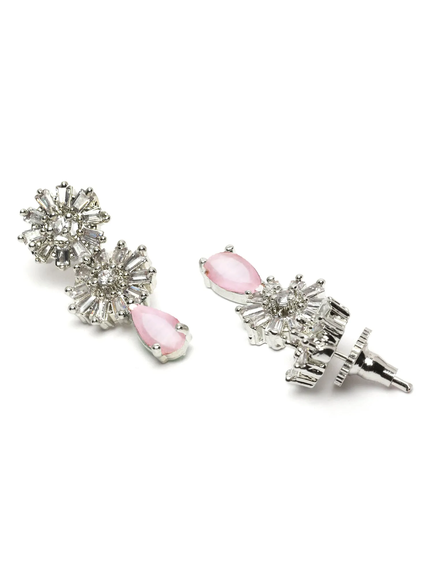 Karatcart Silver Tone Floral Design Pink Cubic Zirconia Studded Necklace Set for Women