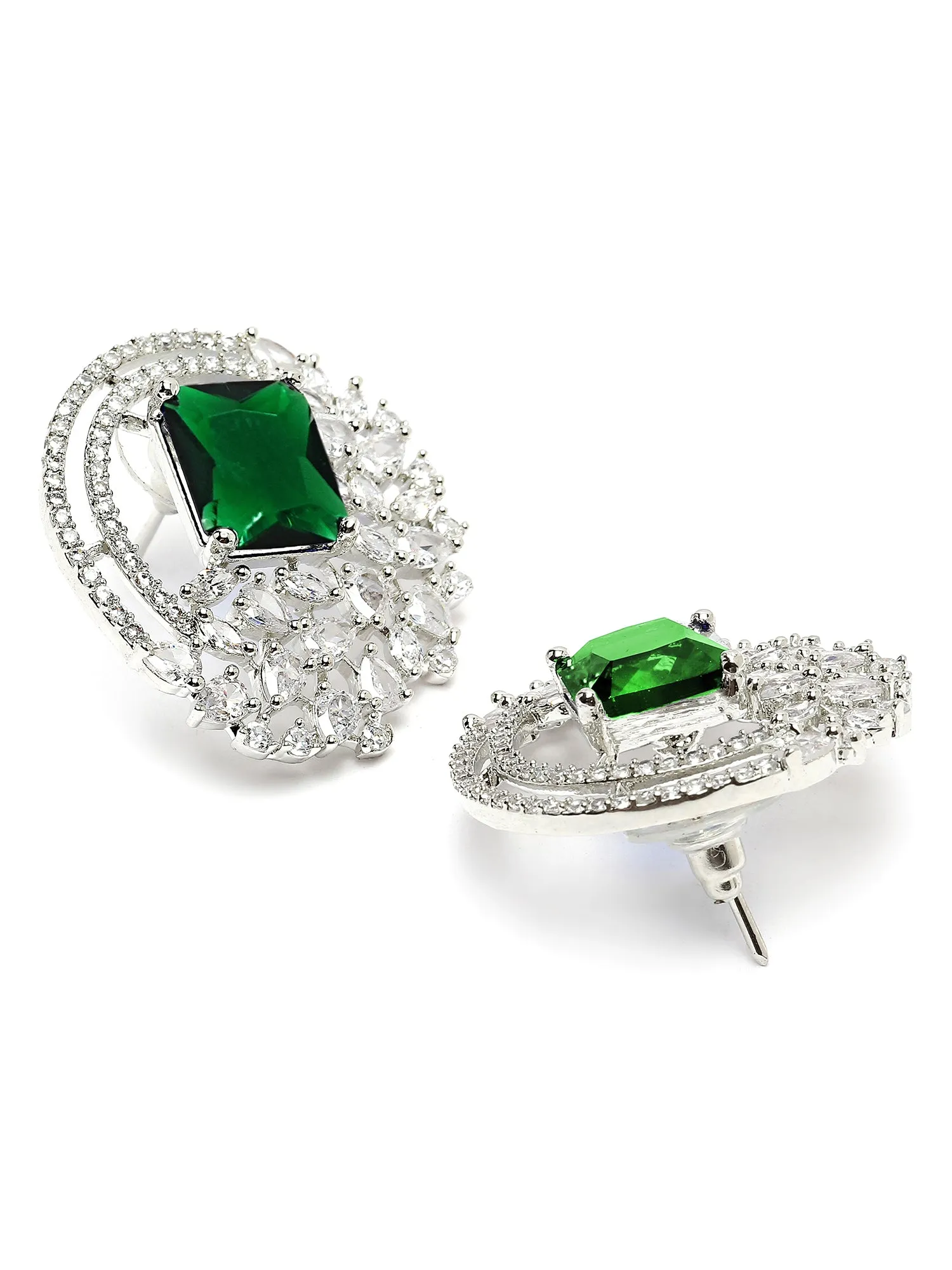 Karatcart Silver Tone Green Cubic Zirconia Stud Earrings