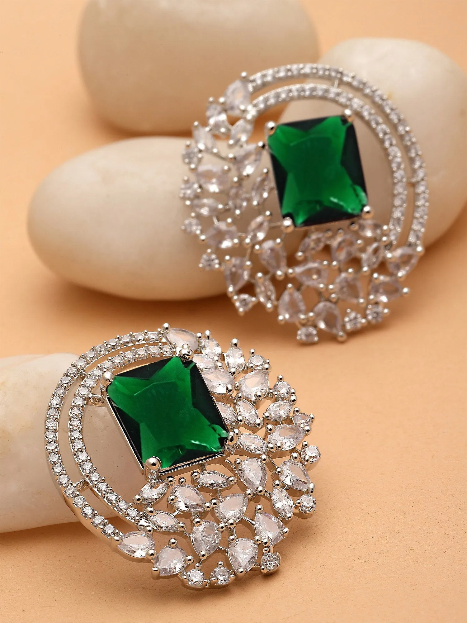 Karatcart Silver Tone Green Cubic Zirconia Stud Earrings