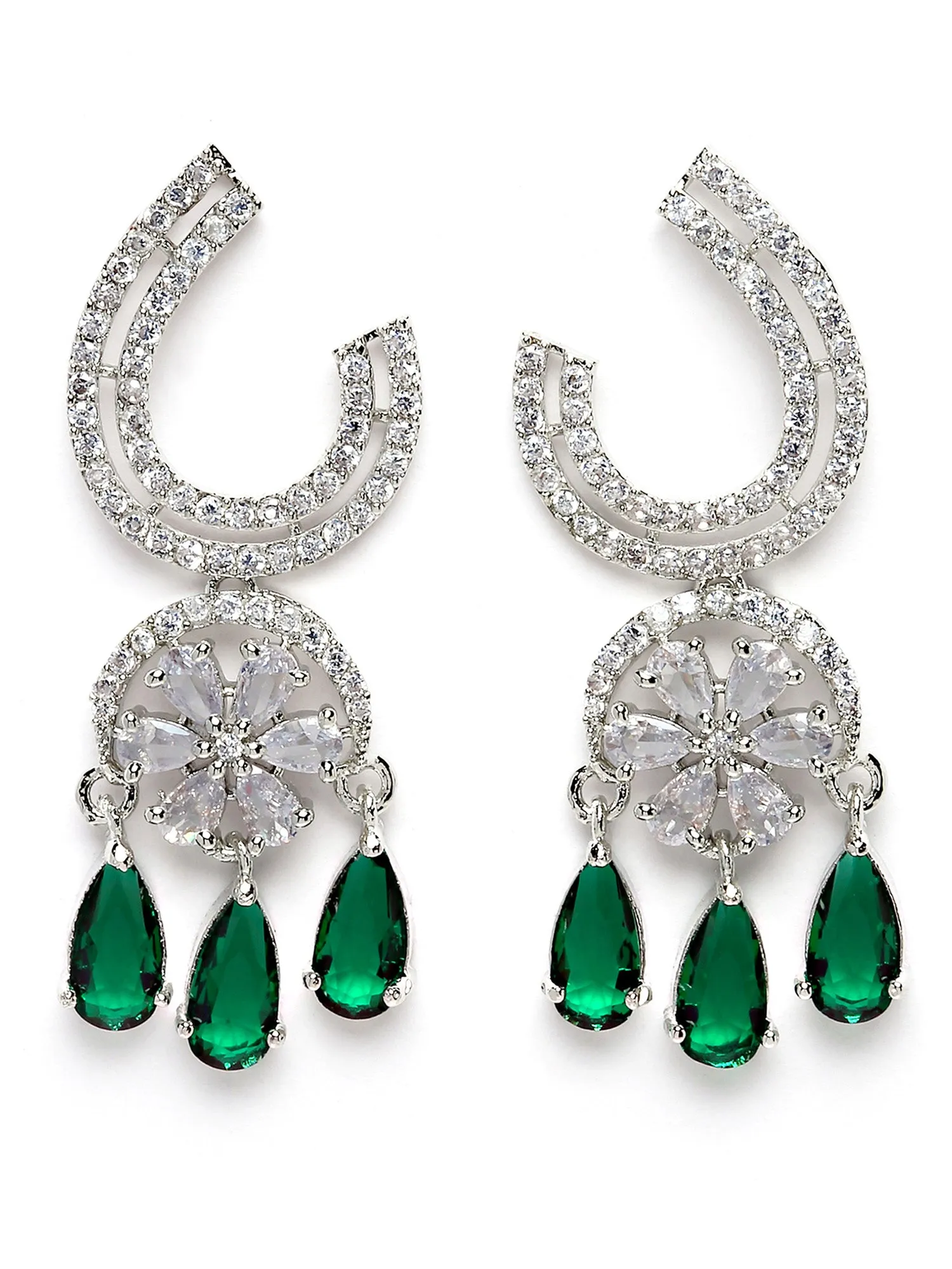 Karatcart Silver Tone Green Cubic Zirconia Studded Dangler Earrings for Women