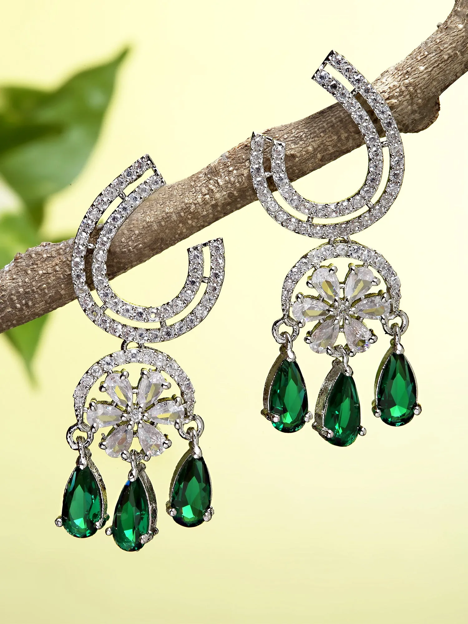 Karatcart Silver Tone Green Cubic Zirconia Studded Dangler Earrings for Women