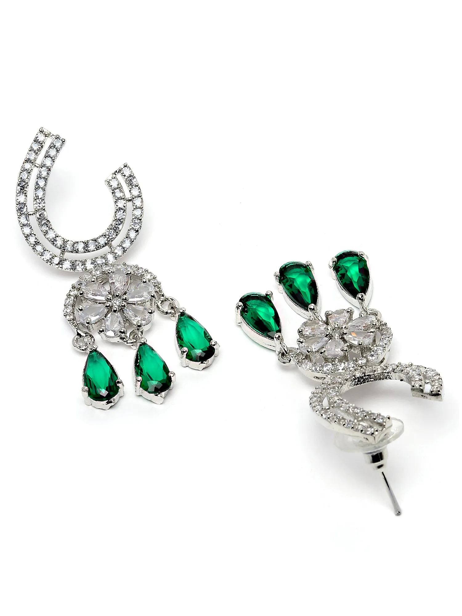 Karatcart Silver Tone Green Cubic Zirconia Studded Dangler Earrings for Women