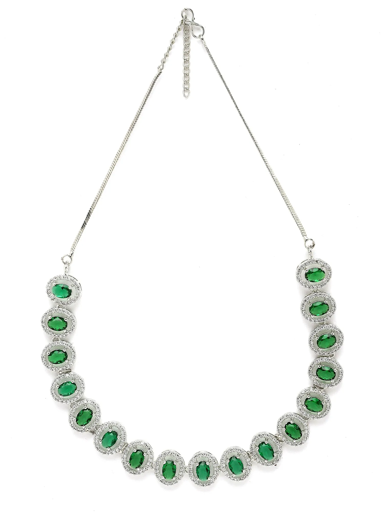 Karatcart Silver Tone Green Cubic Zirconia Studded Necklace Set for Women