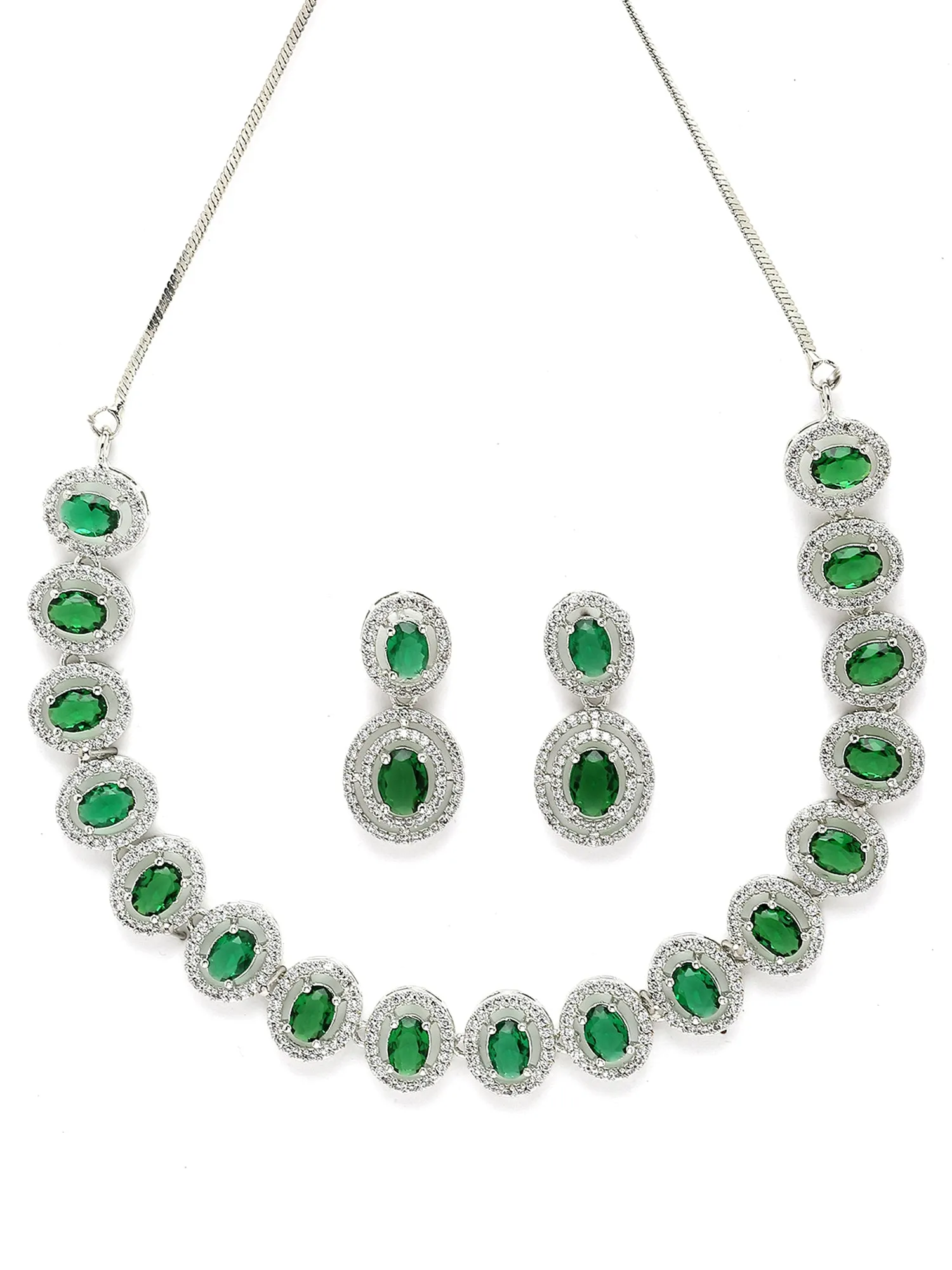 Karatcart Silver Tone Green Cubic Zirconia Studded Necklace Set for Women