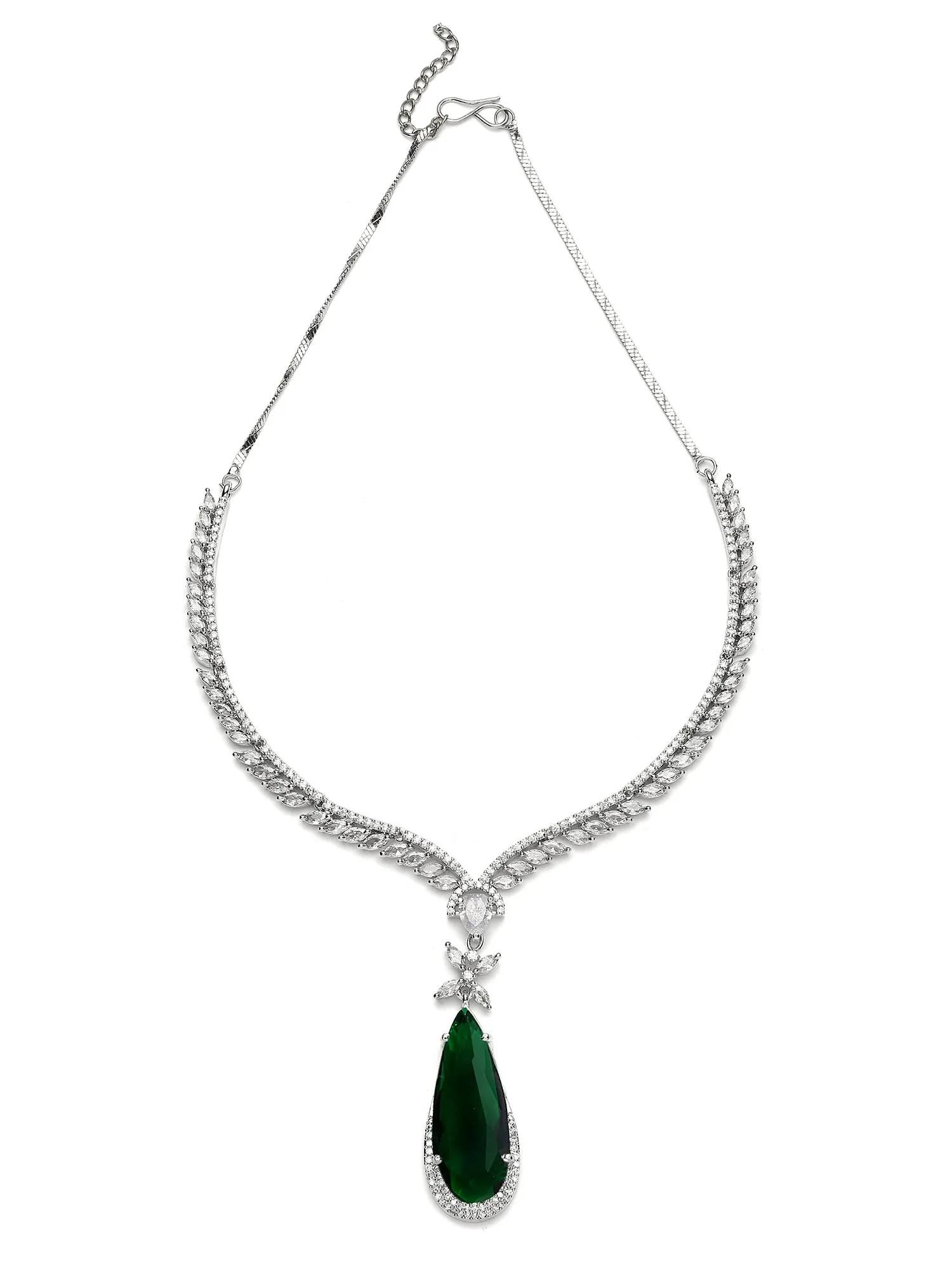 Karatcart Silver Tone Green Drop Shape Cubic Zirconia Studded Jewellery Set for Women