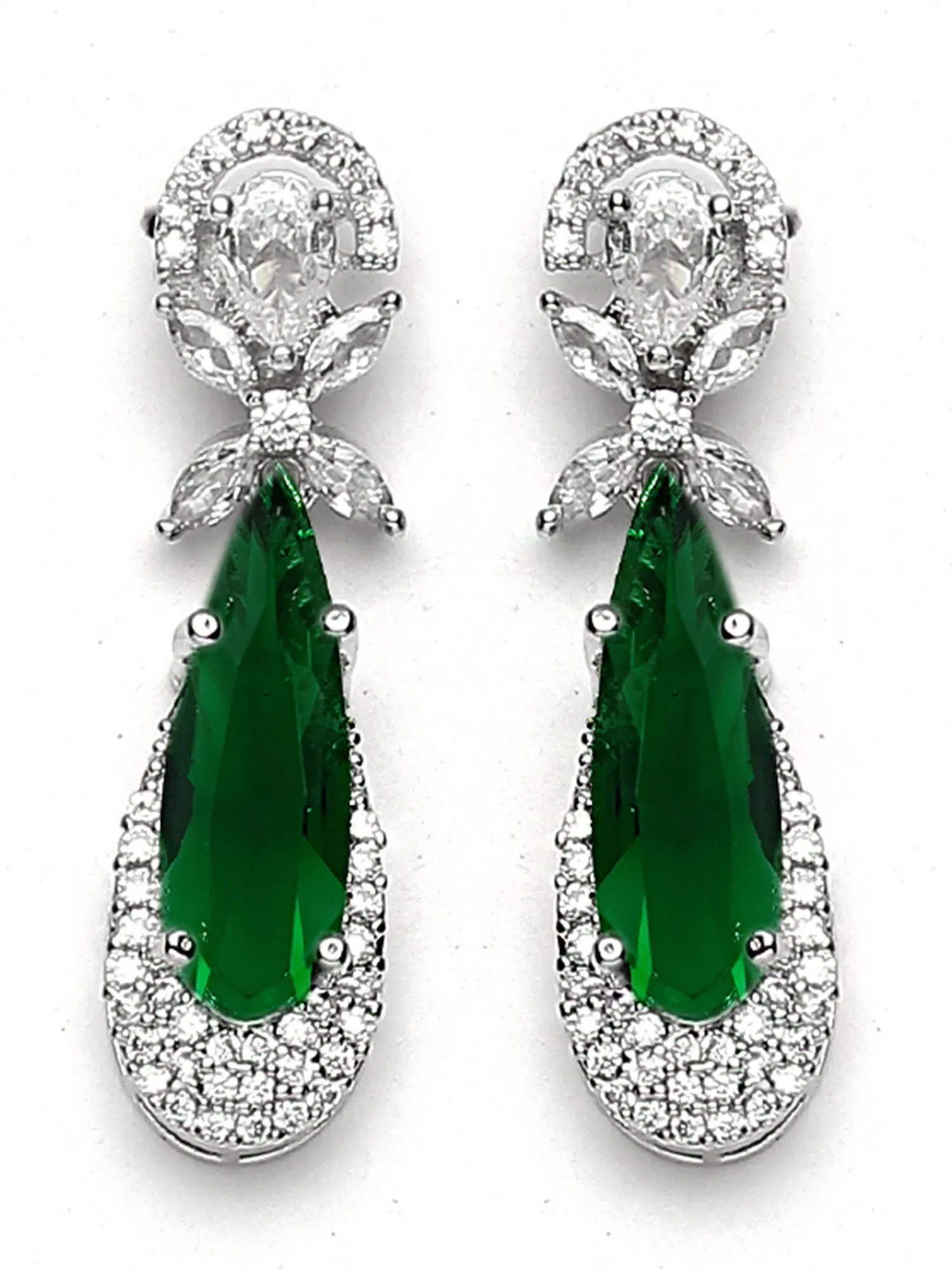 Karatcart Silver Tone Green Drop Shape Cubic Zirconia Studded Jewellery Set for Women