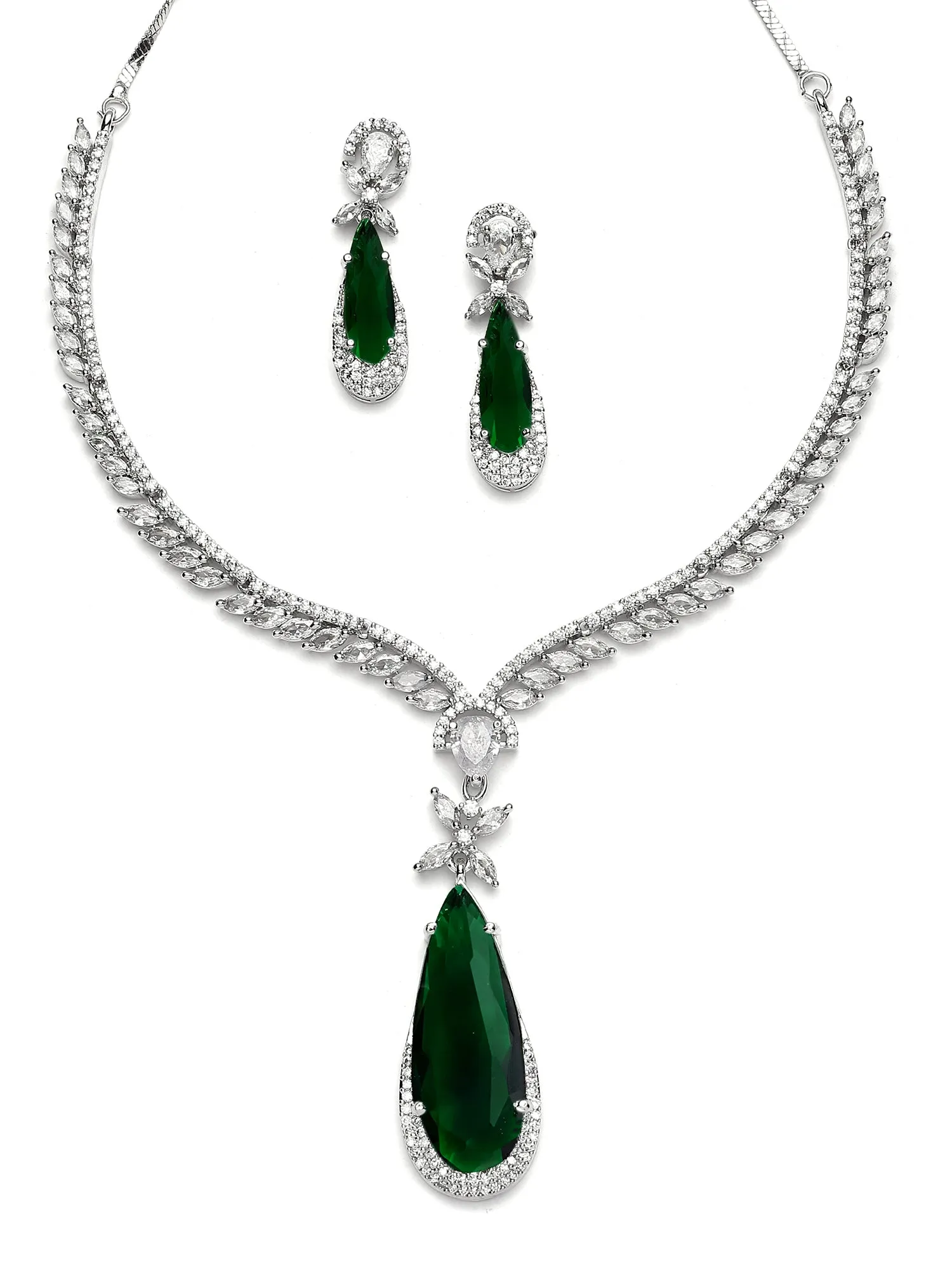 Karatcart Silver Tone Green Drop Shape Cubic Zirconia Studded Jewellery Set for Women