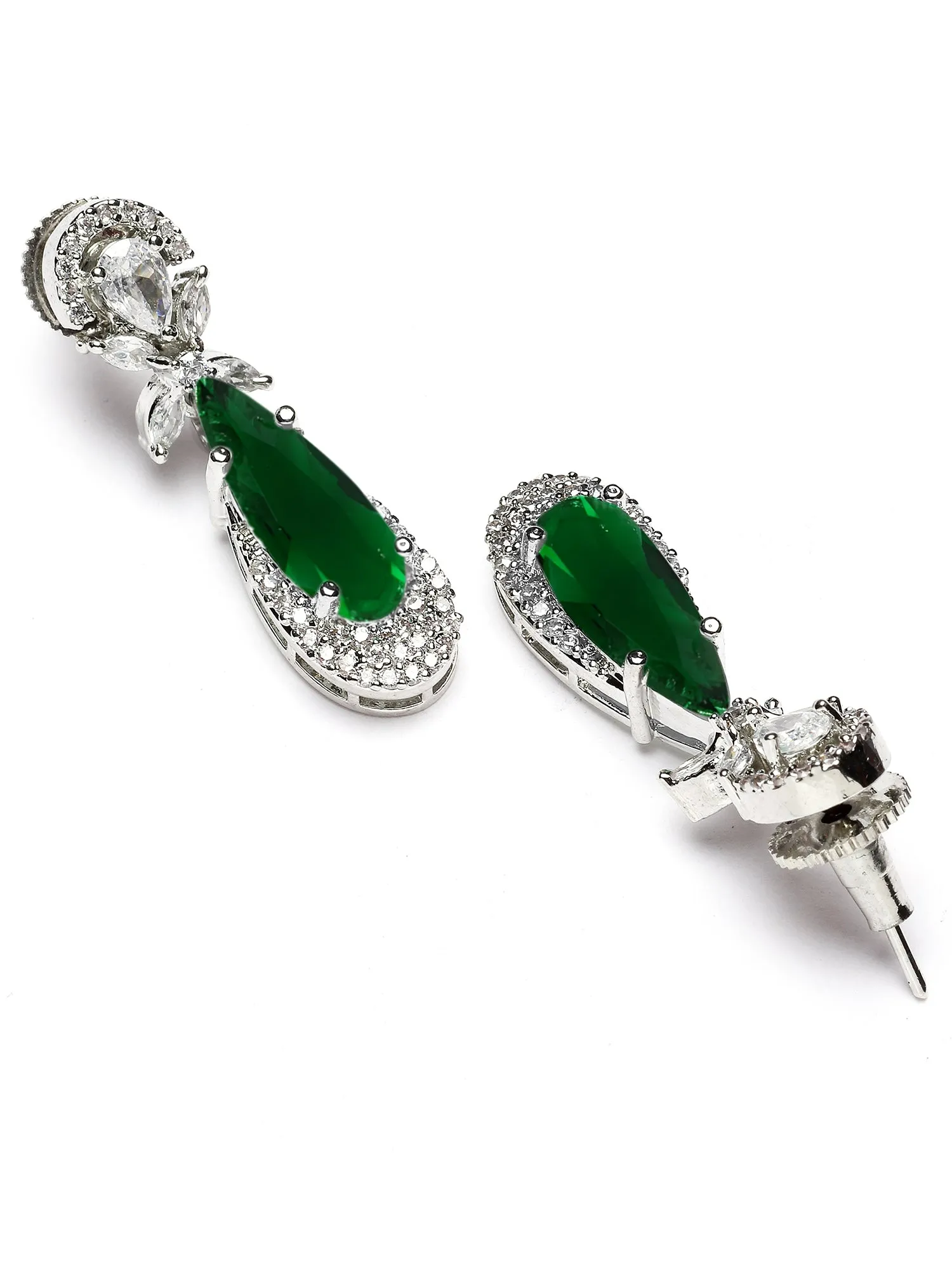 Karatcart Silver Tone Green Drop Shape Cubic Zirconia Studded Jewellery Set for Women