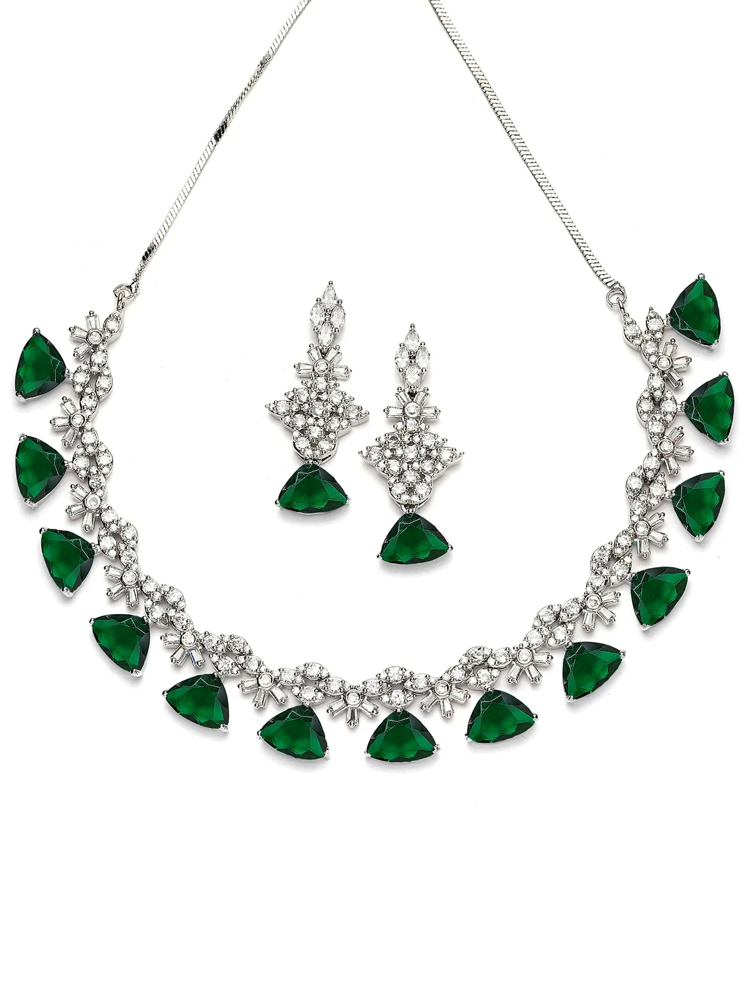 Karatcart Silver Tone Green Triangular Shape Cubic Zirconia Necklace Set for Women