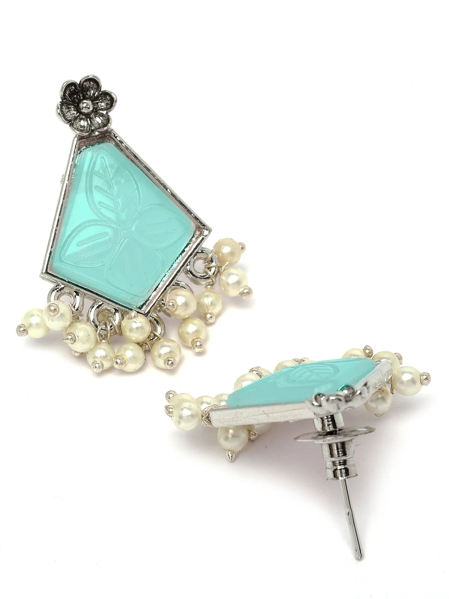 Karatcart Silver Tone Light Blue Carved Stone Studded Stud Earrings for Women