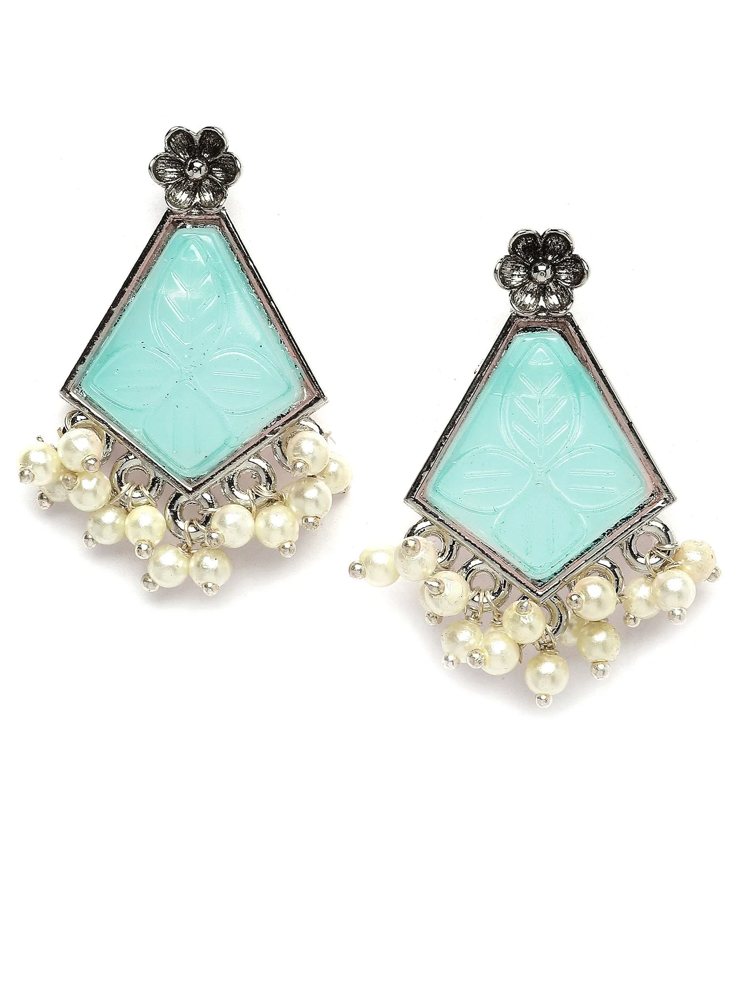 Karatcart Silver Tone Light Blue Carved Stone Studded Stud Earrings for Women