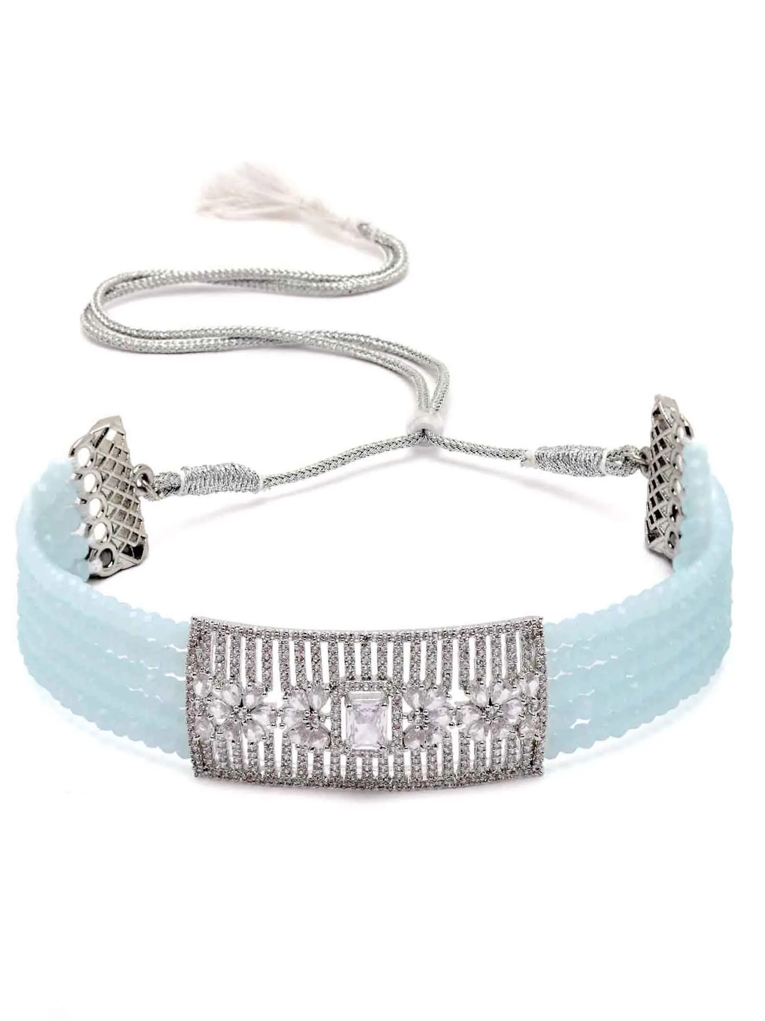 Karatcart Silver Tone Light Blue Crystal Cubic Zirconia Choker Necklace Set for Women