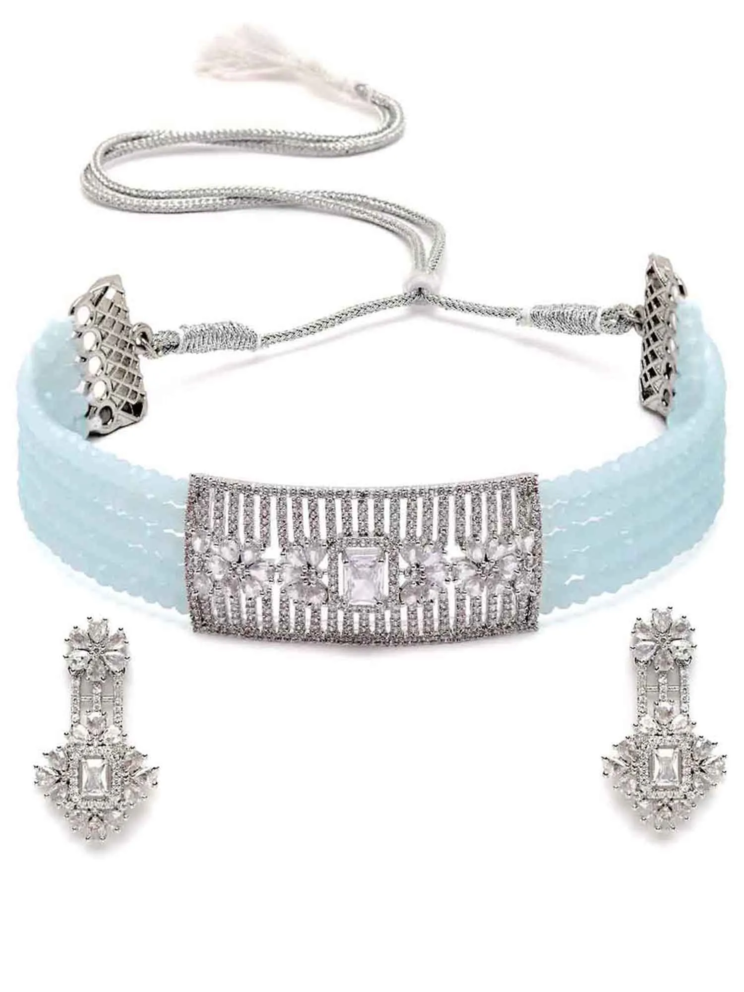 Karatcart Silver Tone Light Blue Crystal Cubic Zirconia Choker Necklace Set for Women
