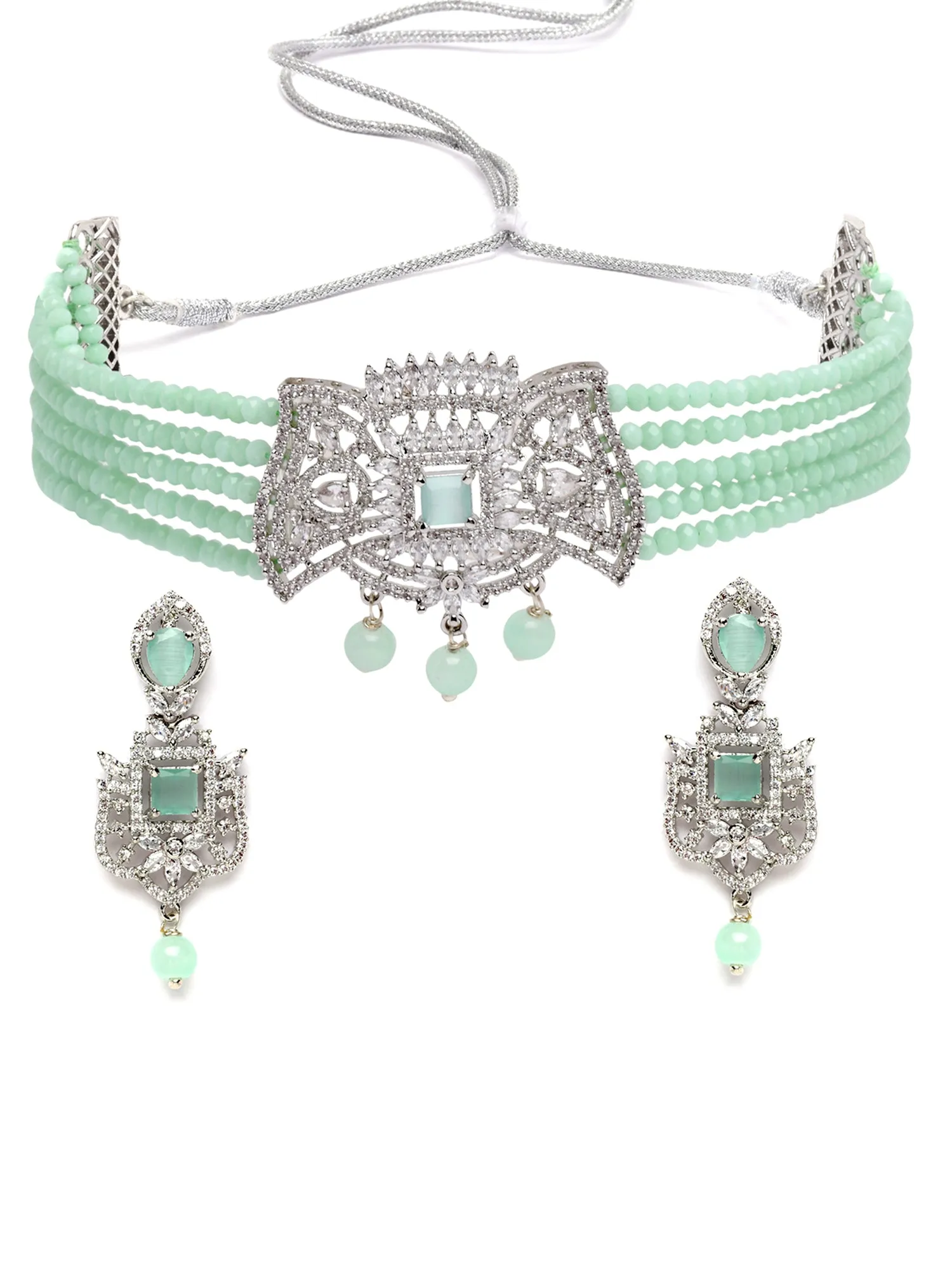 Karatcart Silver Tone Light Green Crystal Cubic Zirconia Choker Necklace Set for Women