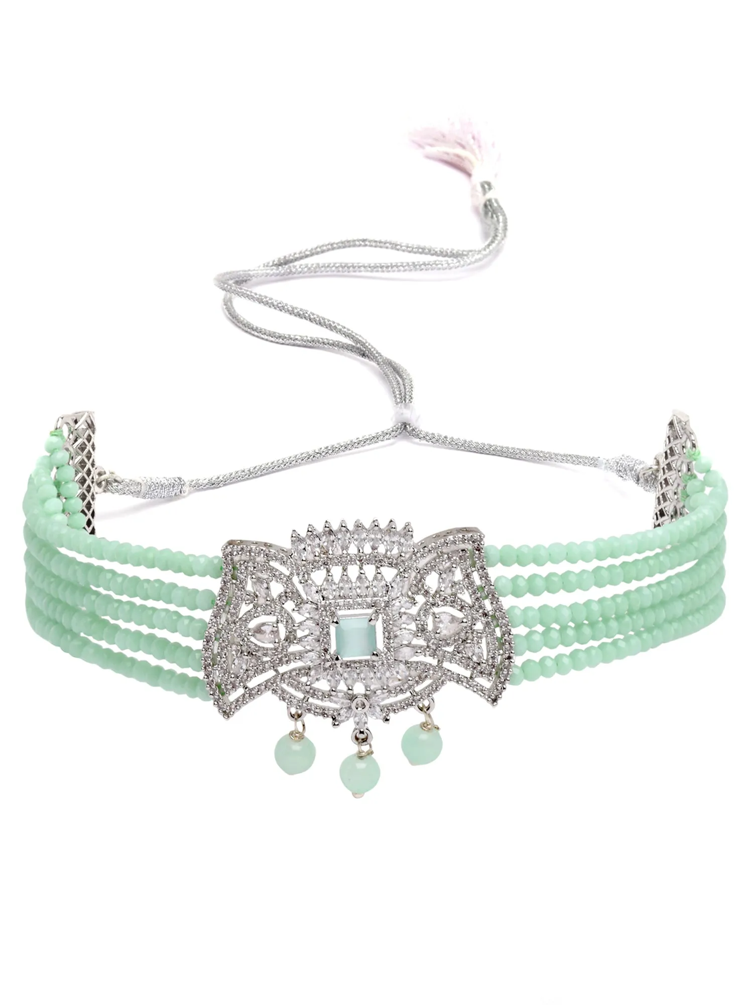 Karatcart Silver Tone Light Green Crystal Cubic Zirconia Choker Necklace Set for Women