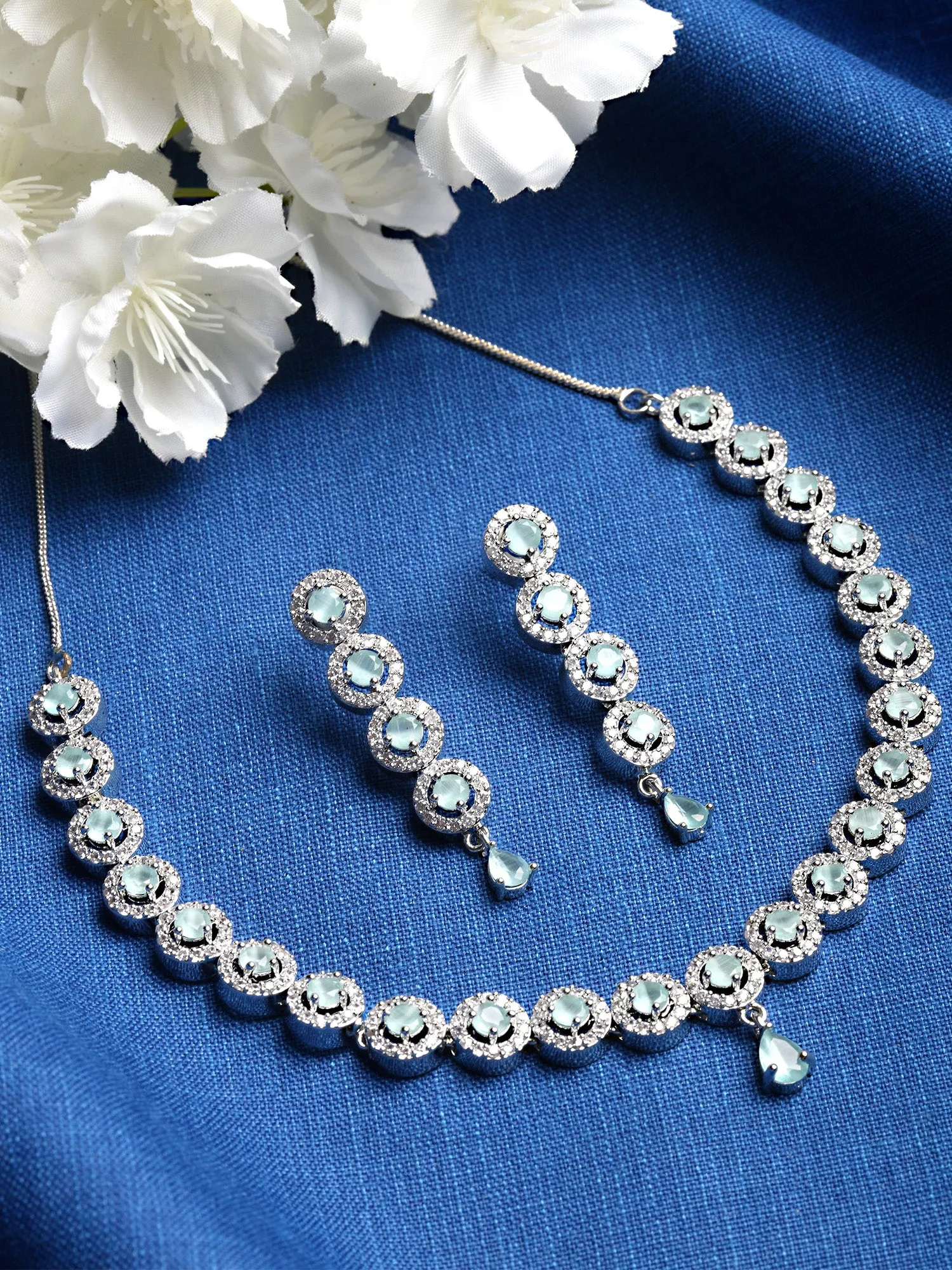 Karatcart Silver Tone Light Green Cubic Zirconia Studded Necklace Set