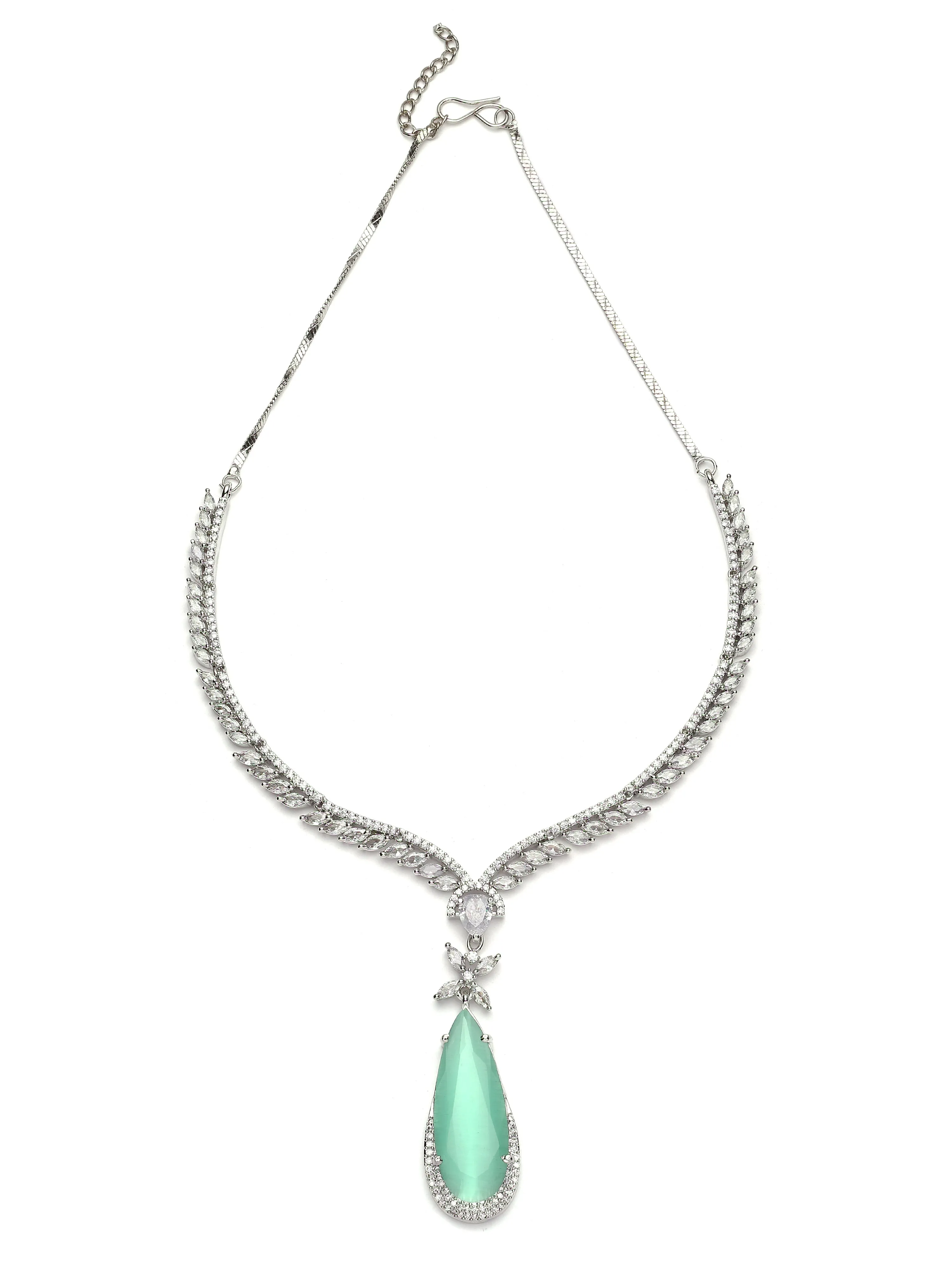 Karatcart Silver Tone Light Green Drop Shape Cubic Zirconia Studded Jewellery Set for Women
