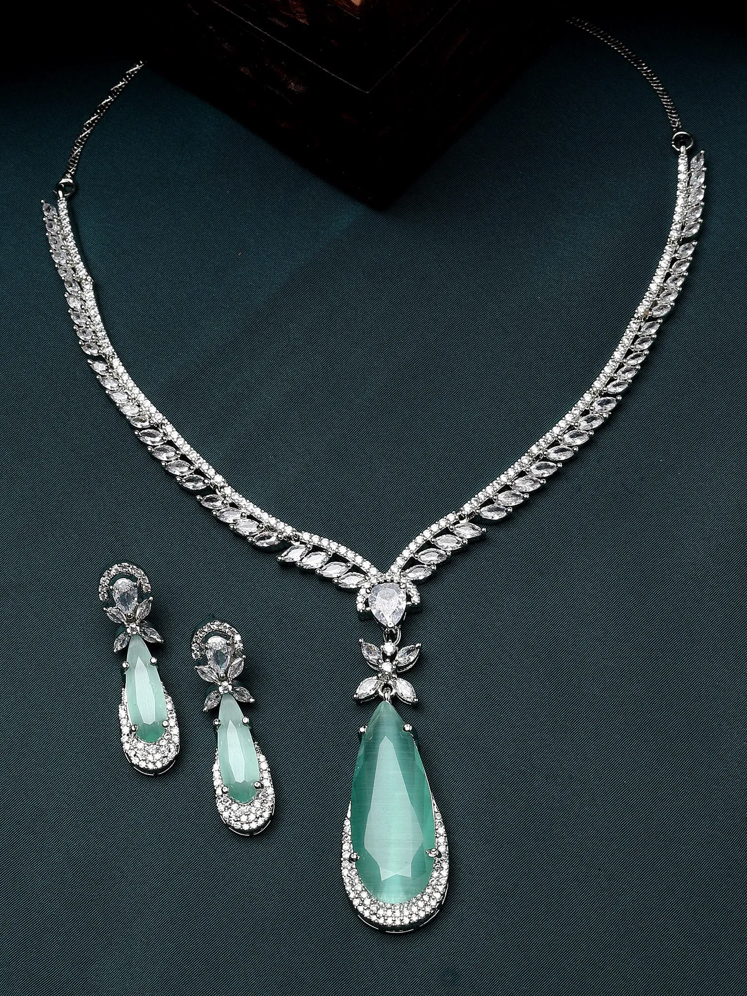 Karatcart Silver Tone Light Green Drop Shape Cubic Zirconia Studded Jewellery Set for Women