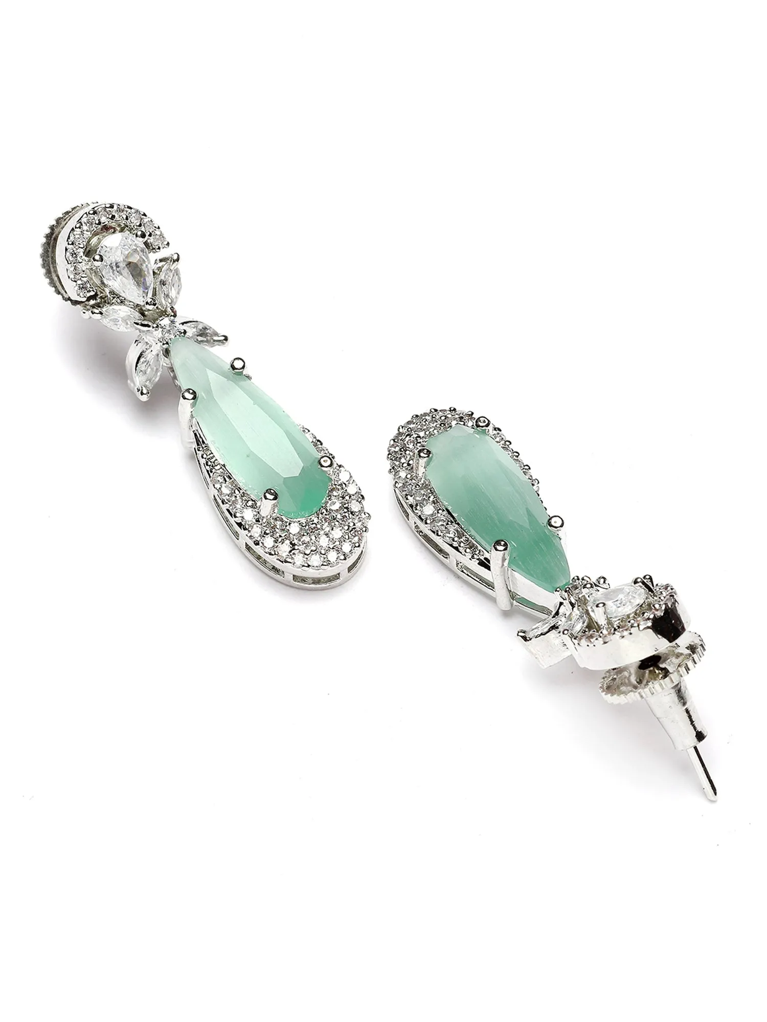Karatcart Silver Tone Light Green Drop Shape Cubic Zirconia Studded Jewellery Set for Women