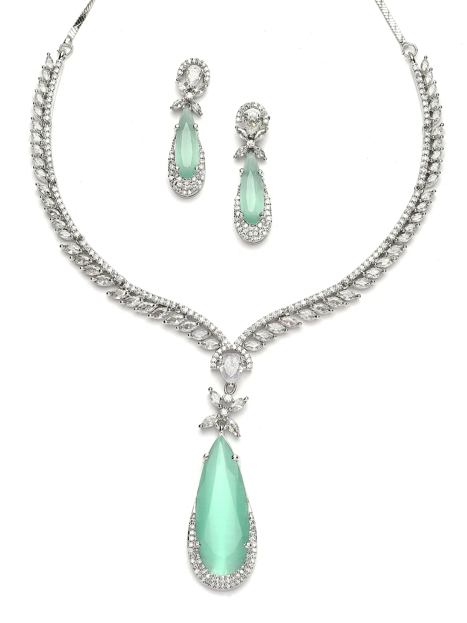 Karatcart Silver Tone Light Green Drop Shape Cubic Zirconia Studded Jewellery Set for Women