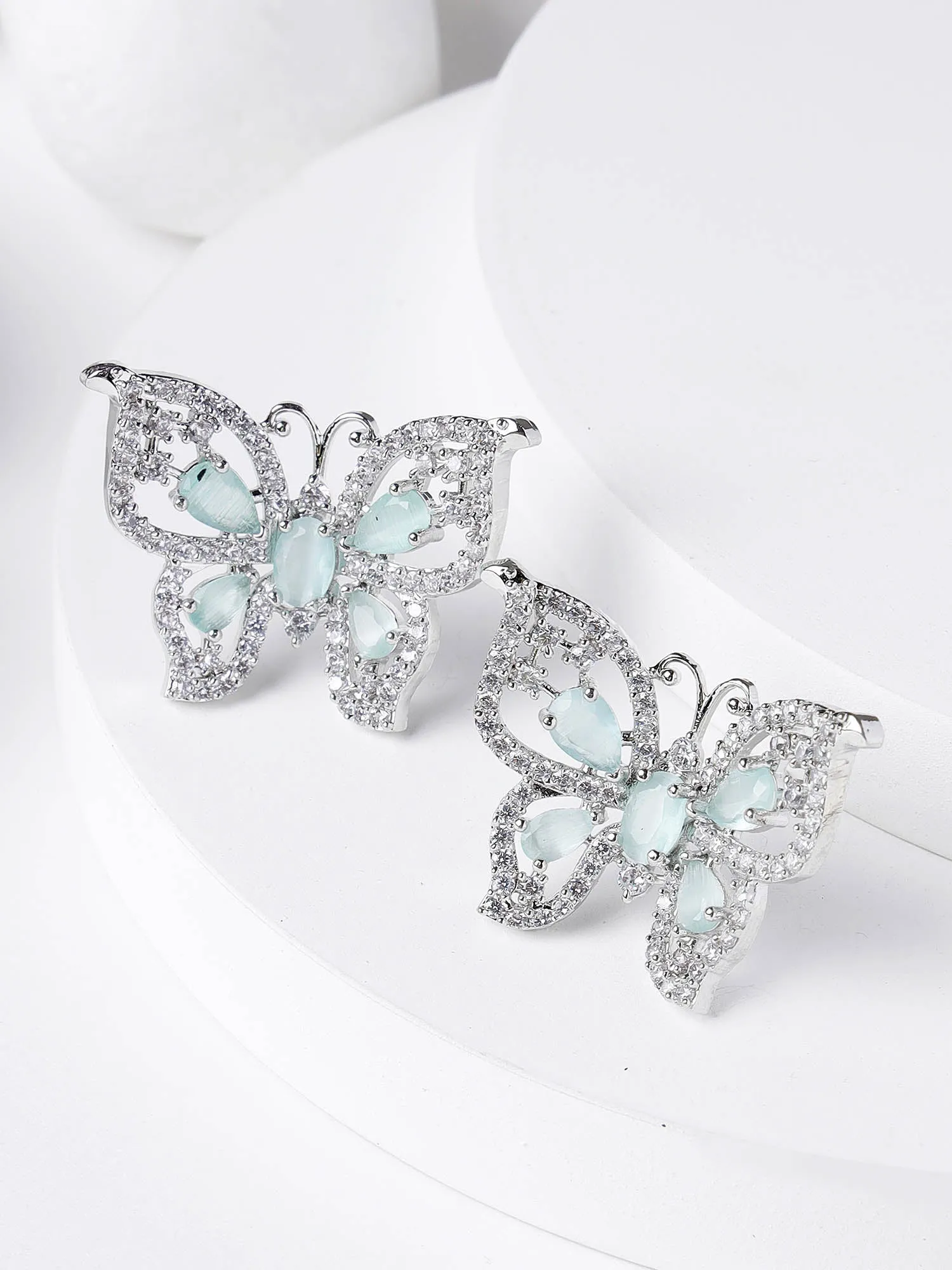 Karatcart Silver Tone Lime Green Butterfly Design Cubic Zirconia Earrings for Women