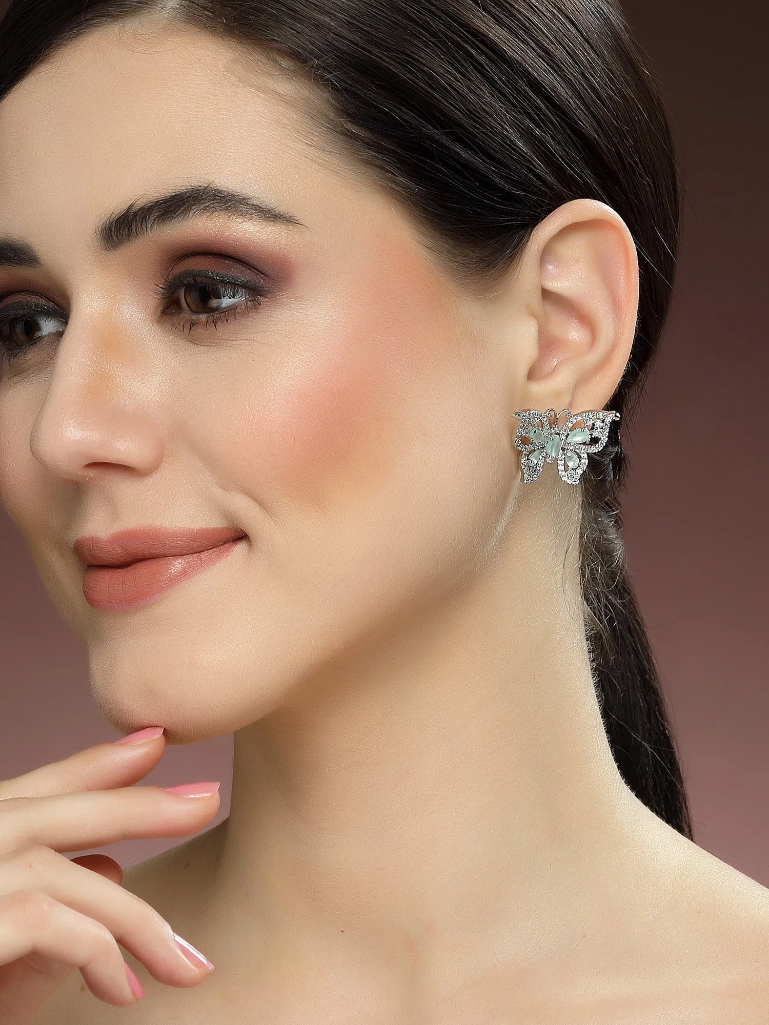 Karatcart Silver Tone Lime Green Butterfly Design Cubic Zirconia Earrings for Women