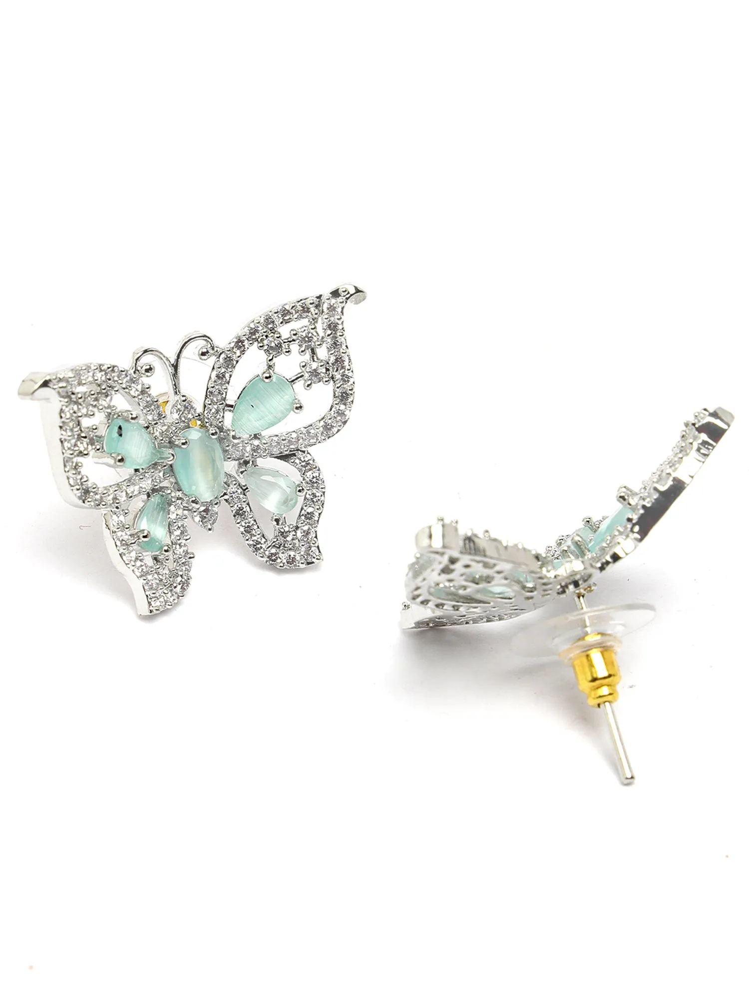 Karatcart Silver Tone Lime Green Butterfly Design Cubic Zirconia Earrings for Women