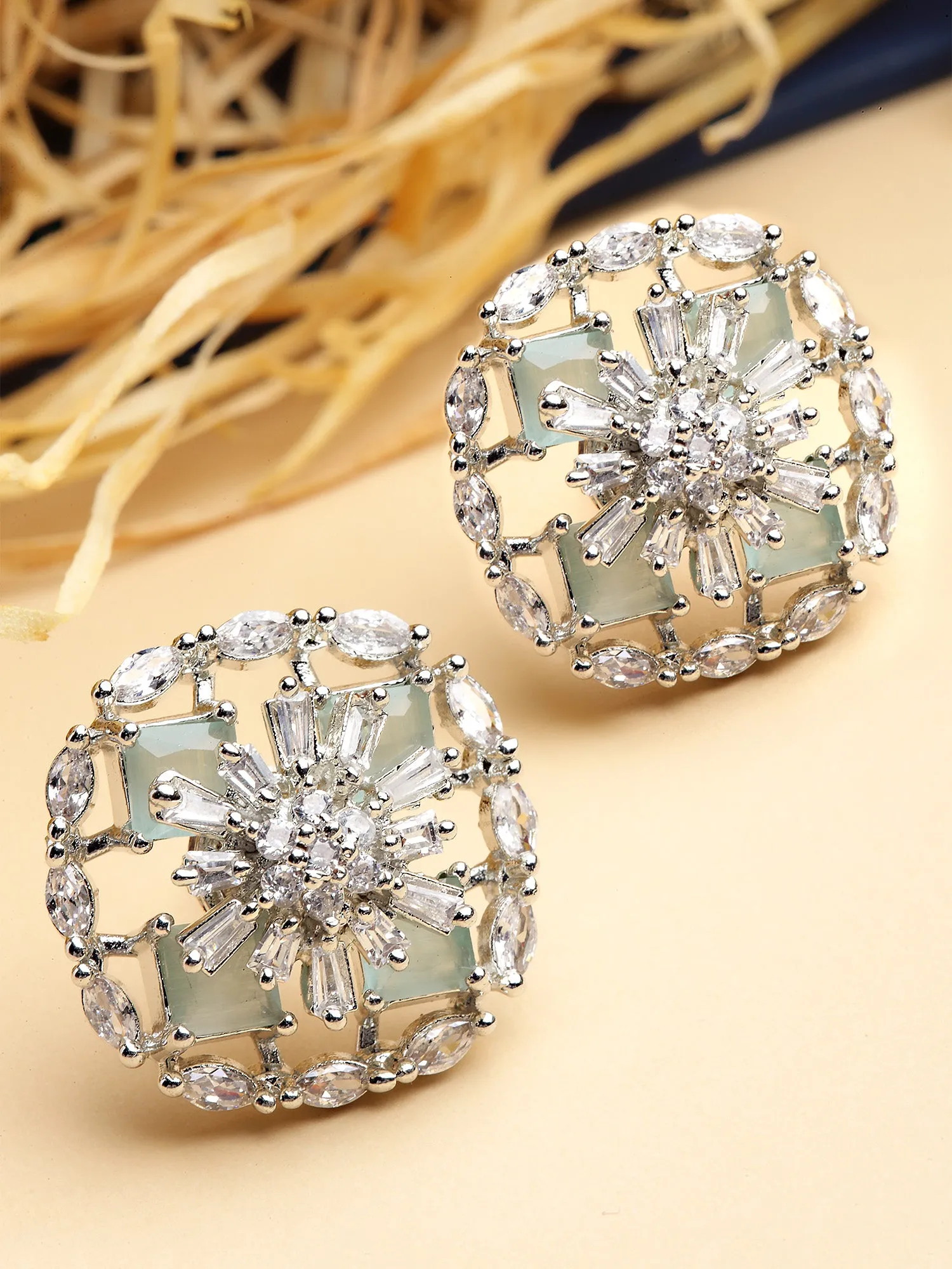 Karatcart Silver Tone Lime Green Cubic Zirconia Stud Earrings for Women