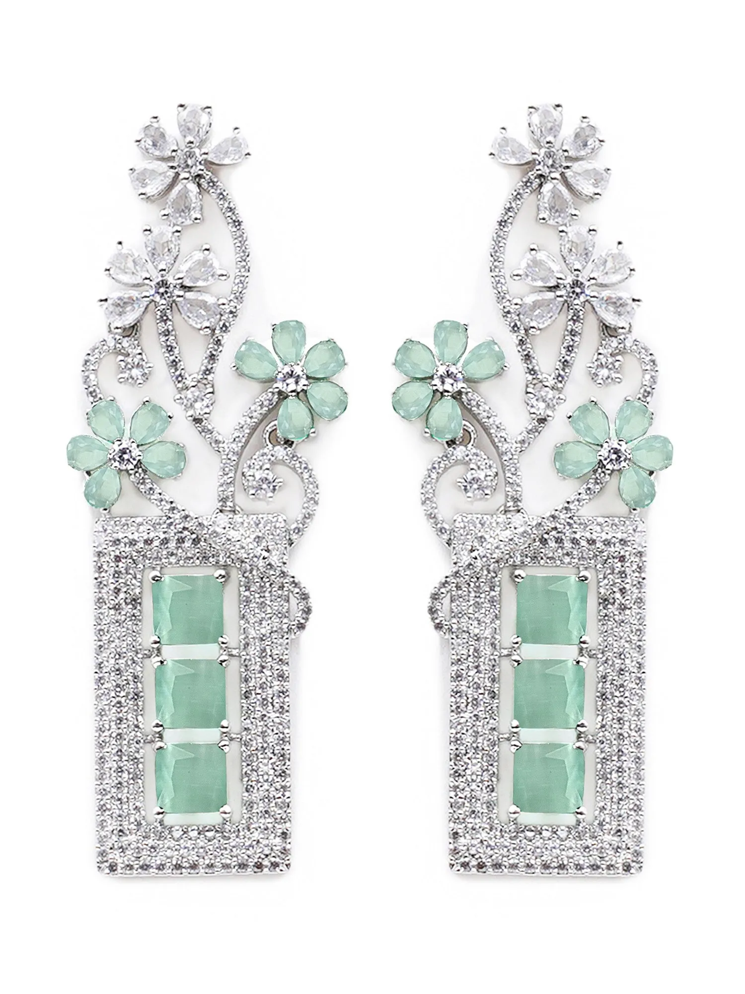 Karatcart Silver Tone Lime Green Cubic Zirconia Studded Floral Drop Earrings for Women