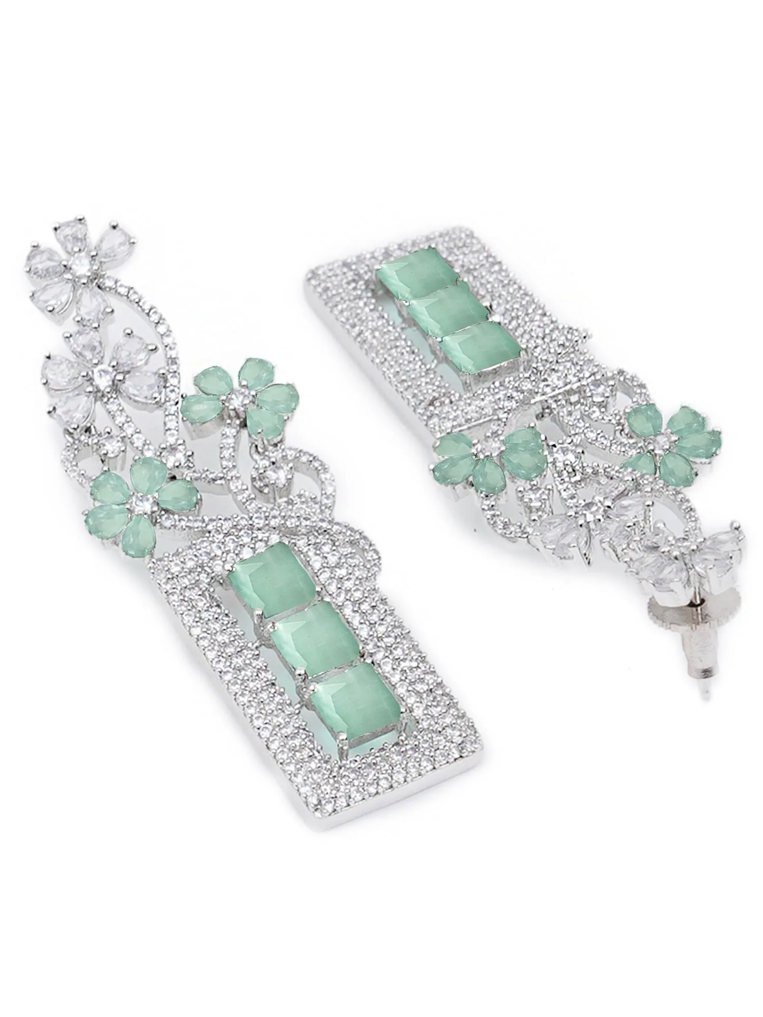 Karatcart Silver Tone Lime Green Cubic Zirconia Studded Floral Drop Earrings for Women