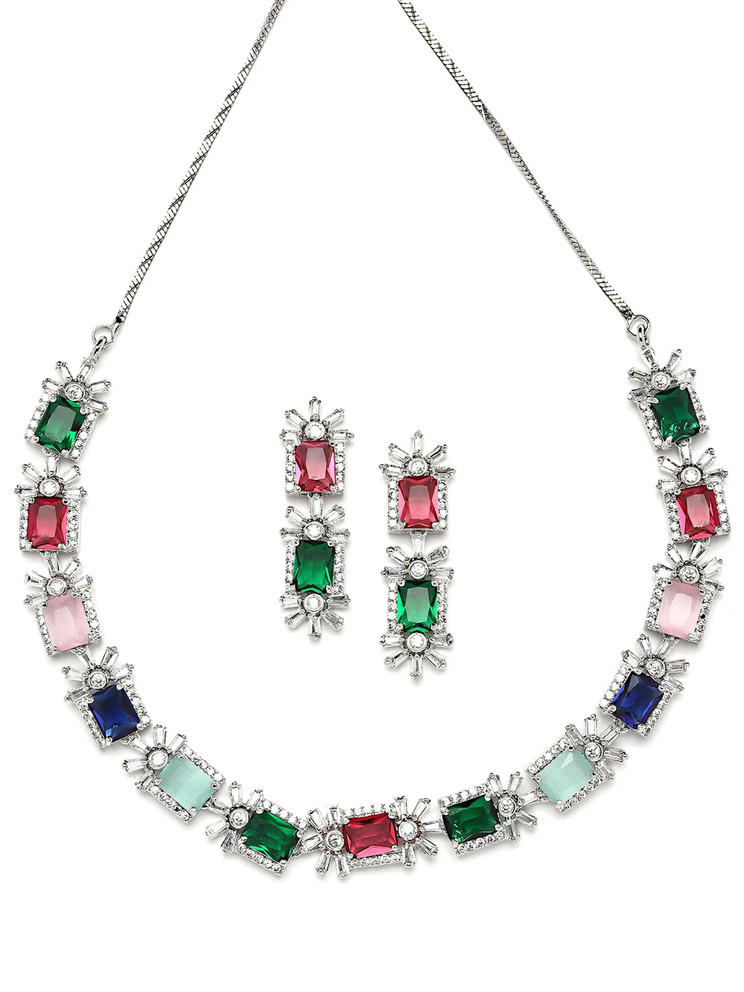 Karatcart Silver Tone Multicolor Cubic Zirconia Studded Necklace Set