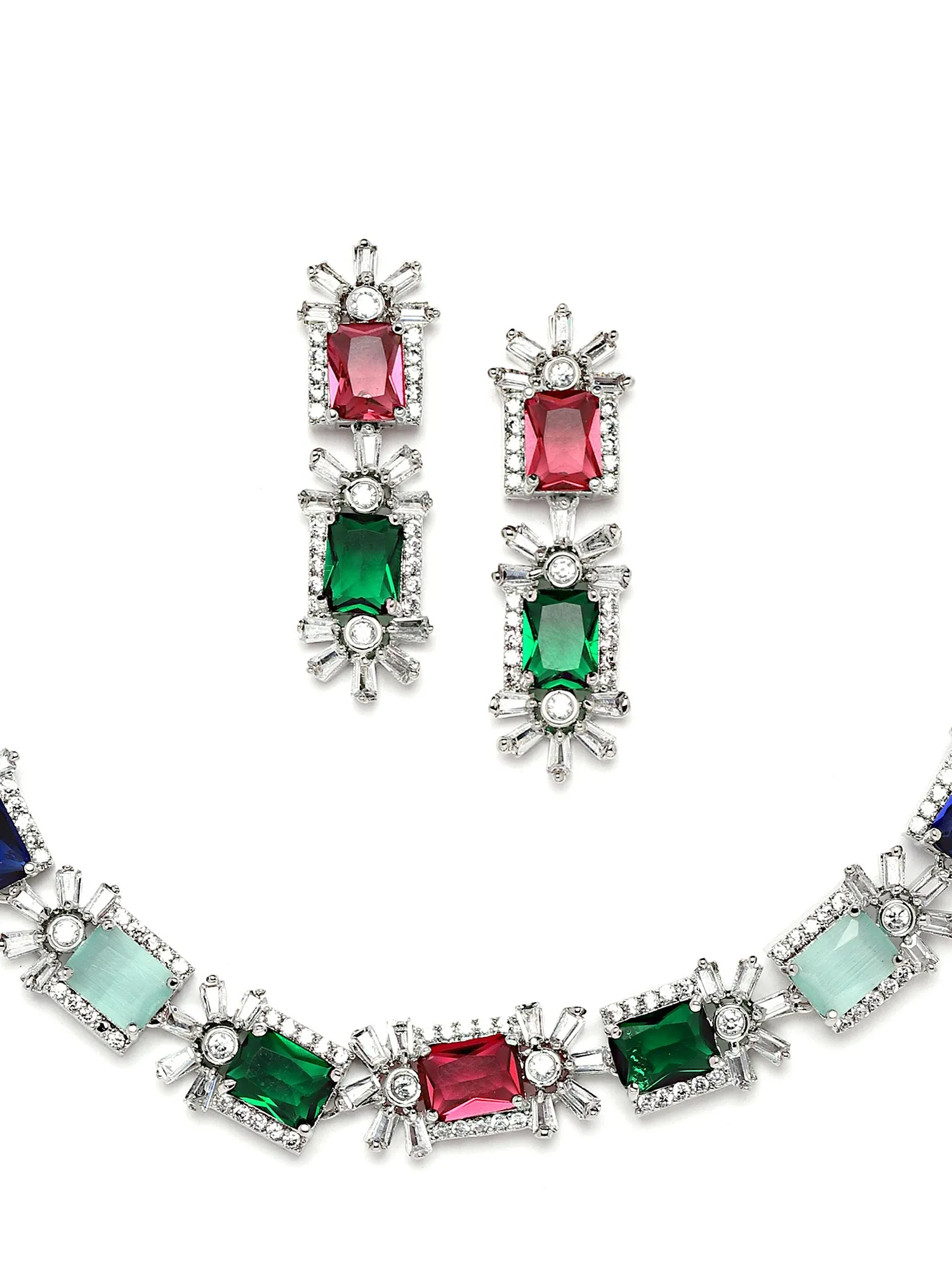 Karatcart Silver Tone Multicolor Cubic Zirconia Studded Necklace Set