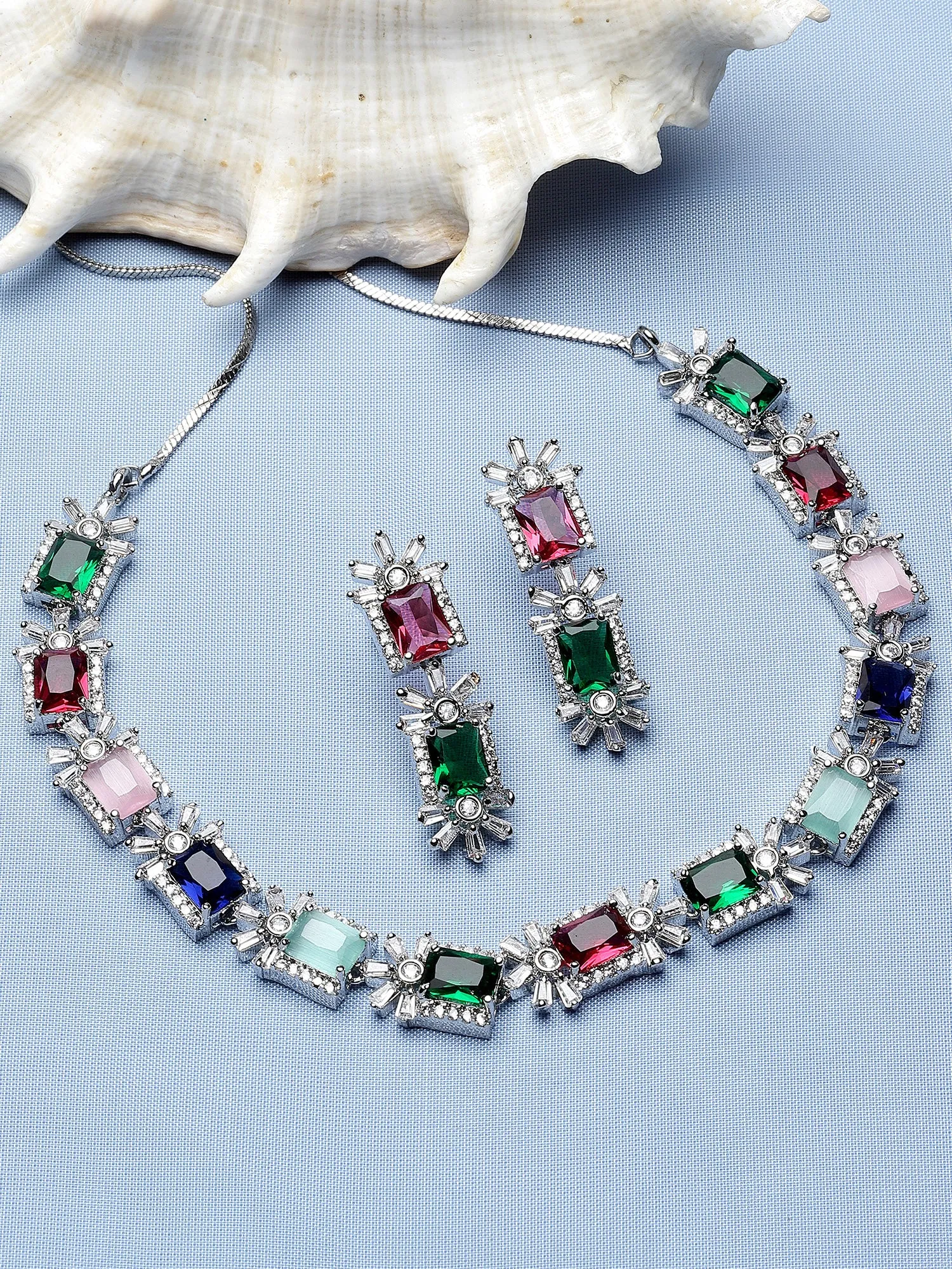Karatcart Silver Tone Multicolor Cubic Zirconia Studded Necklace Set