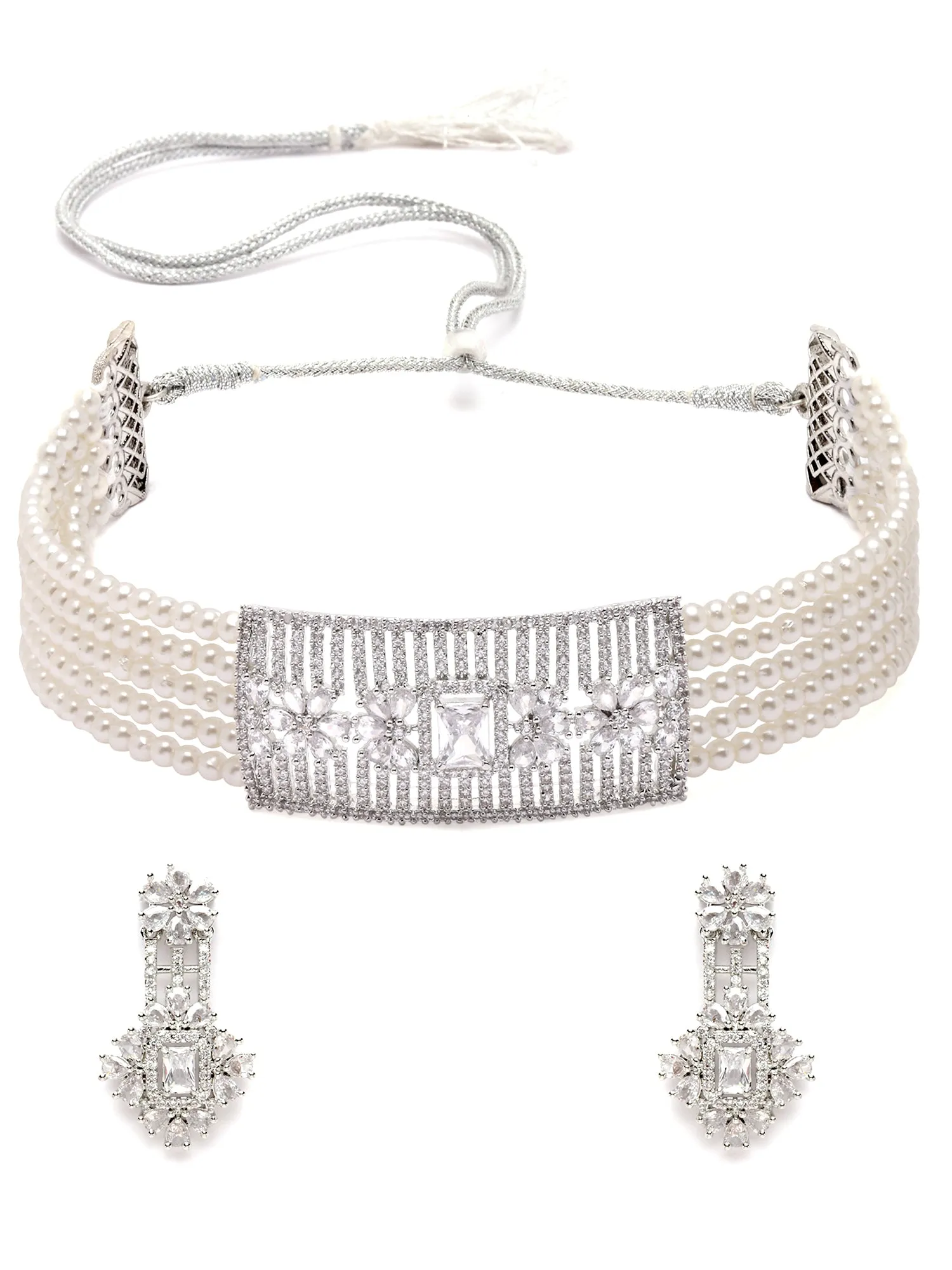 Karatcart Silver Tone Pearl Beaded Cubic Zirconia Choker Necklace Set for Women