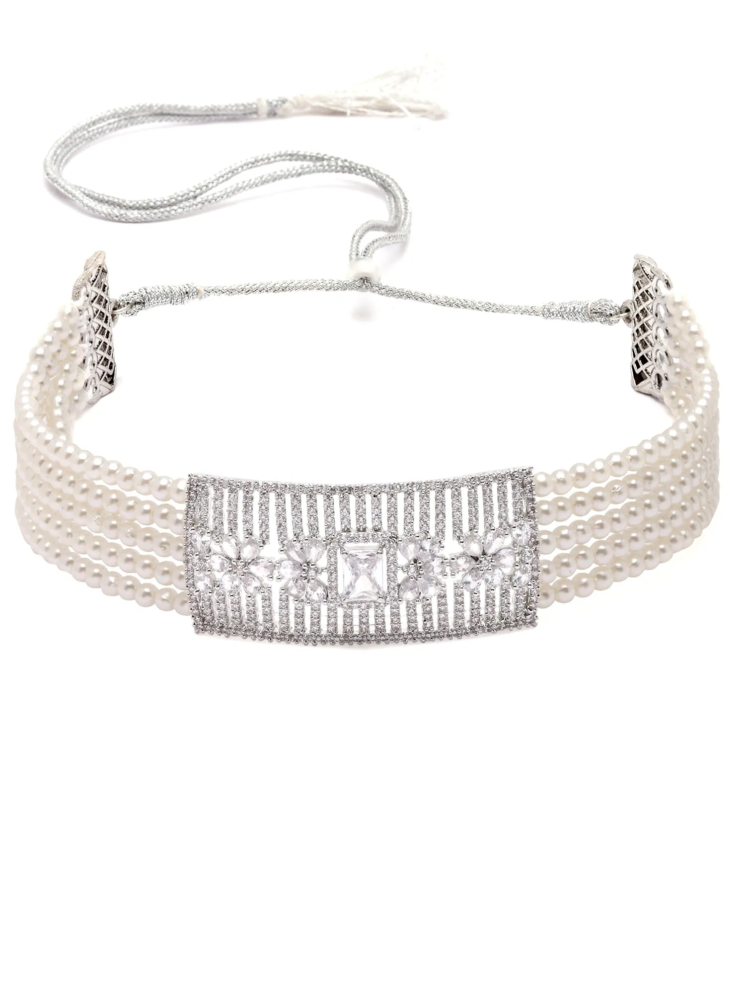 Karatcart Silver Tone Pearl Beaded Cubic Zirconia Choker Necklace Set for Women