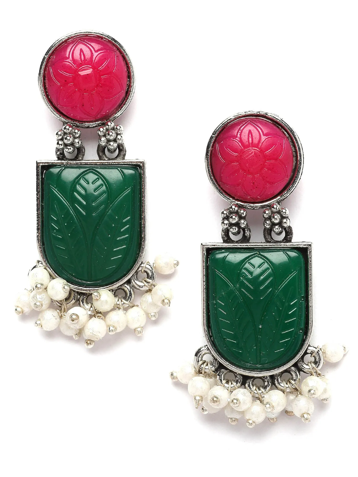 Karatcart Silver Tone Pink and Green Carved Stone Studded Drop Earrings for Women