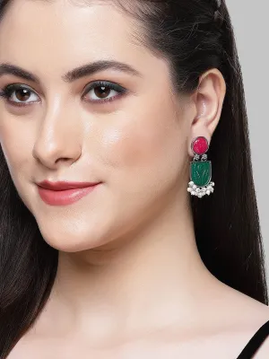 Karatcart Silver Tone Pink and Green Carved Stone Studded Drop Earrings for Women