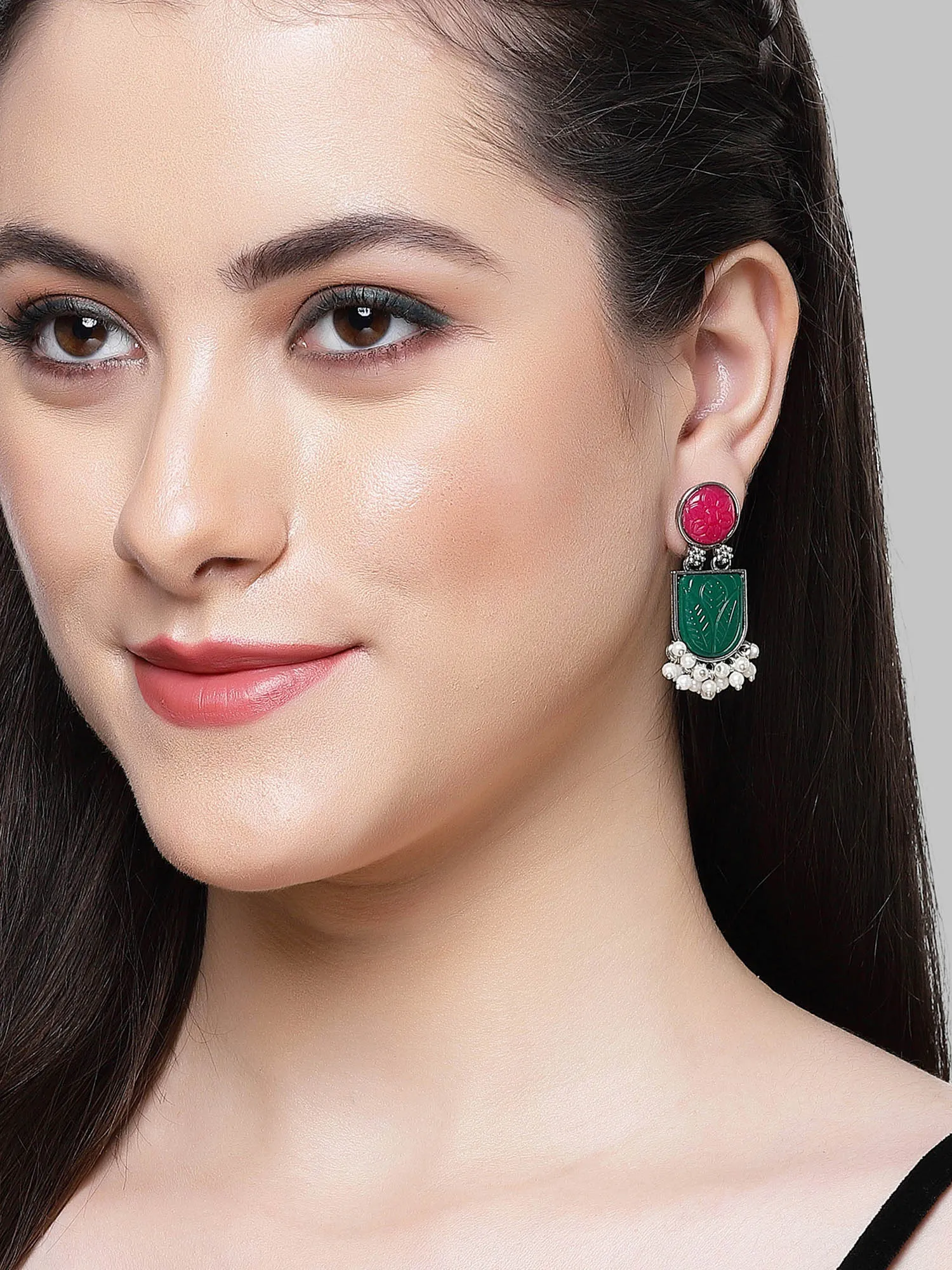 Karatcart Silver Tone Pink and Green Carved Stone Studded Drop Earrings for Women