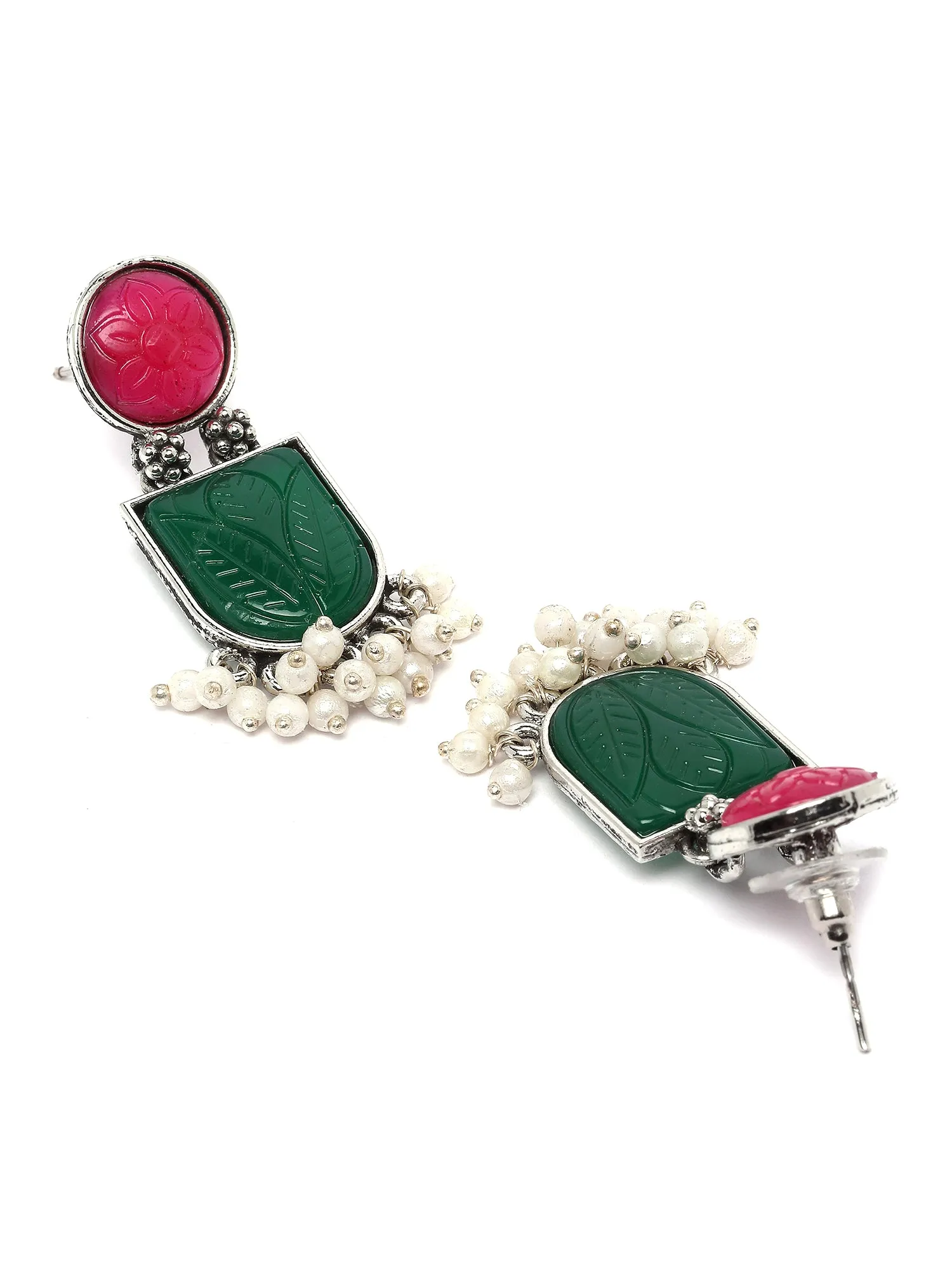 Karatcart Silver Tone Pink and Green Carved Stone Studded Drop Earrings for Women